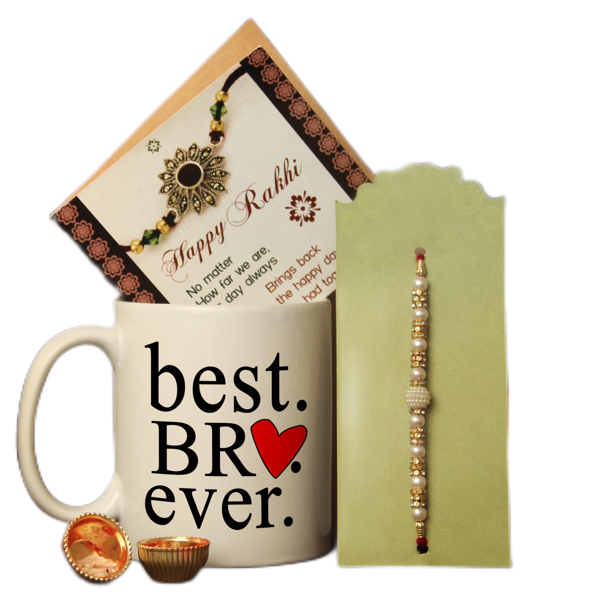 Rakhi for Brother with Gift | Ceramic Coffee Mug (10 Oz) | Rakhi Card | Roli Tikka - Designer Rakhi for Bhaiya | Bhai Rakhi | Raksha Bandhan Rakhi Bracelet for Brother