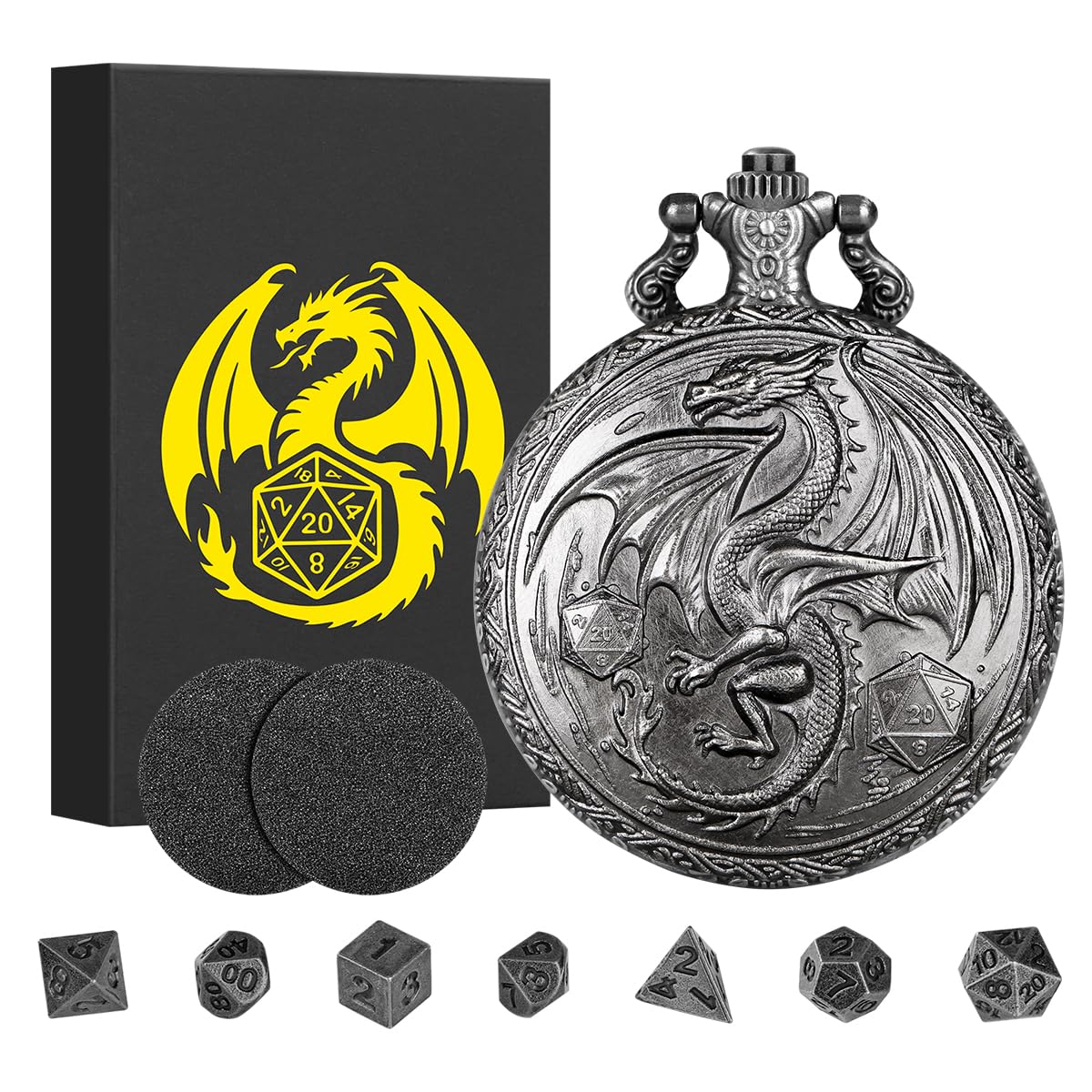 Mini DND Dice Set including Steampunk Winged Flying Dragon Pocket Watch Shell Case, 7pcs Polyhedral Metal Dice Set