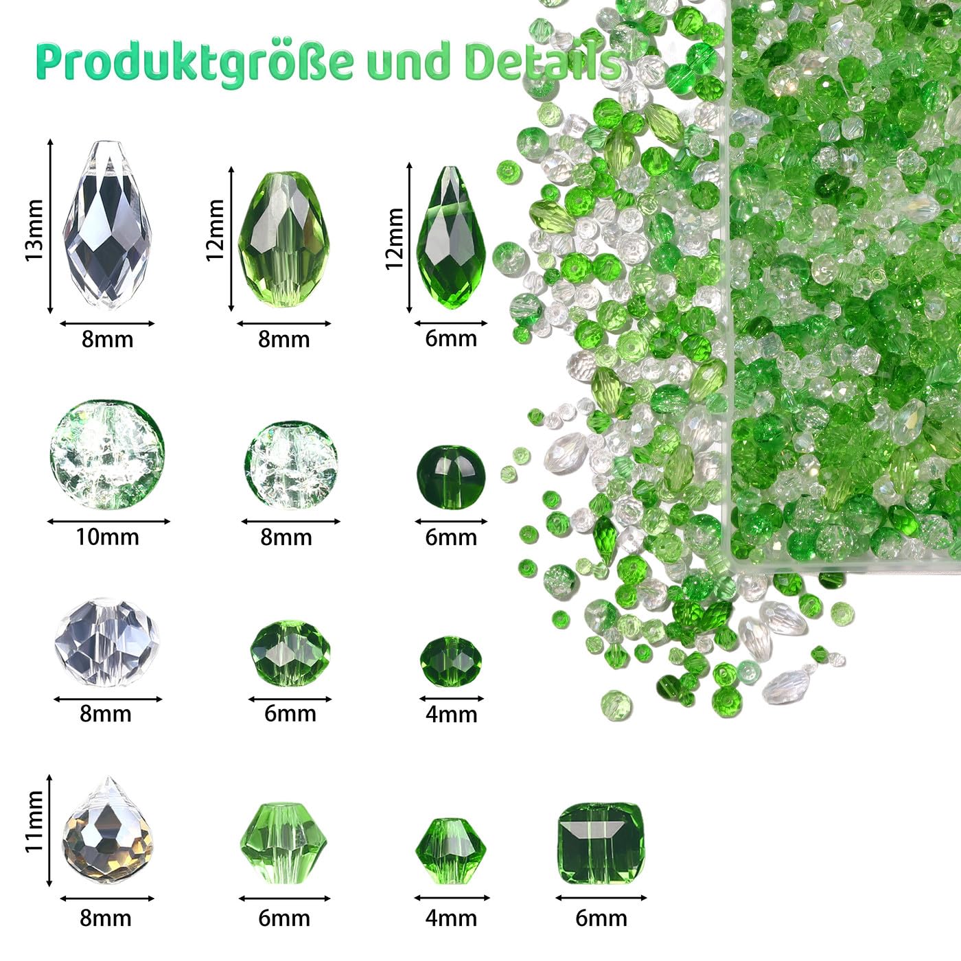 1200 Stück Glas Perlen für Armbänder, 4/6/8 mm Glasperlen zum Auffädeln mit Behälterbox, Grüne Perlen Kristallperlen, Glass Beads mit Loch für Basteln & Diy