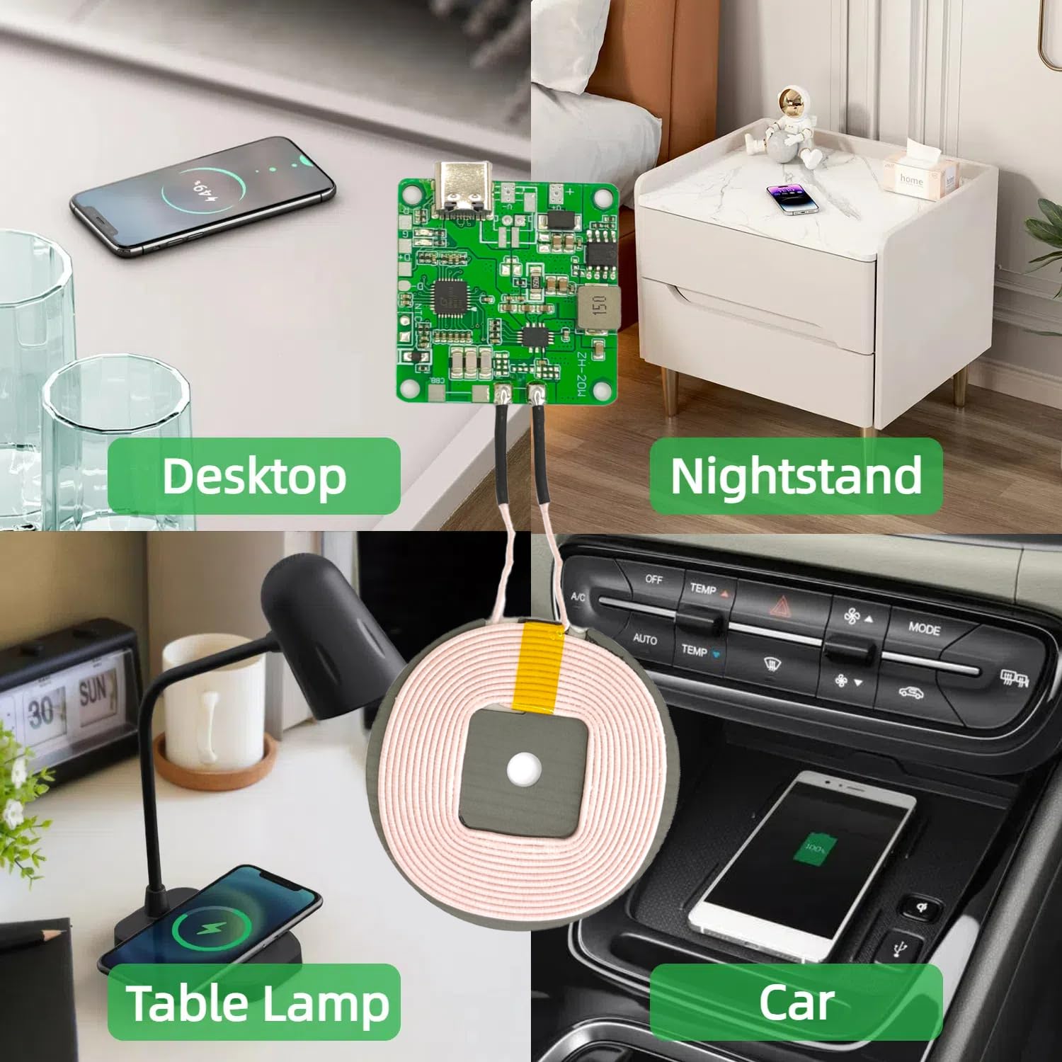 2 pz 20 W Max QI caricabatterie wireless PCBA modulo bobina, circuito di ricarica rapida fai da te con porta di tipo C, protezione da surriscaldamento per auto e mobili (senza filo) (senza filo)