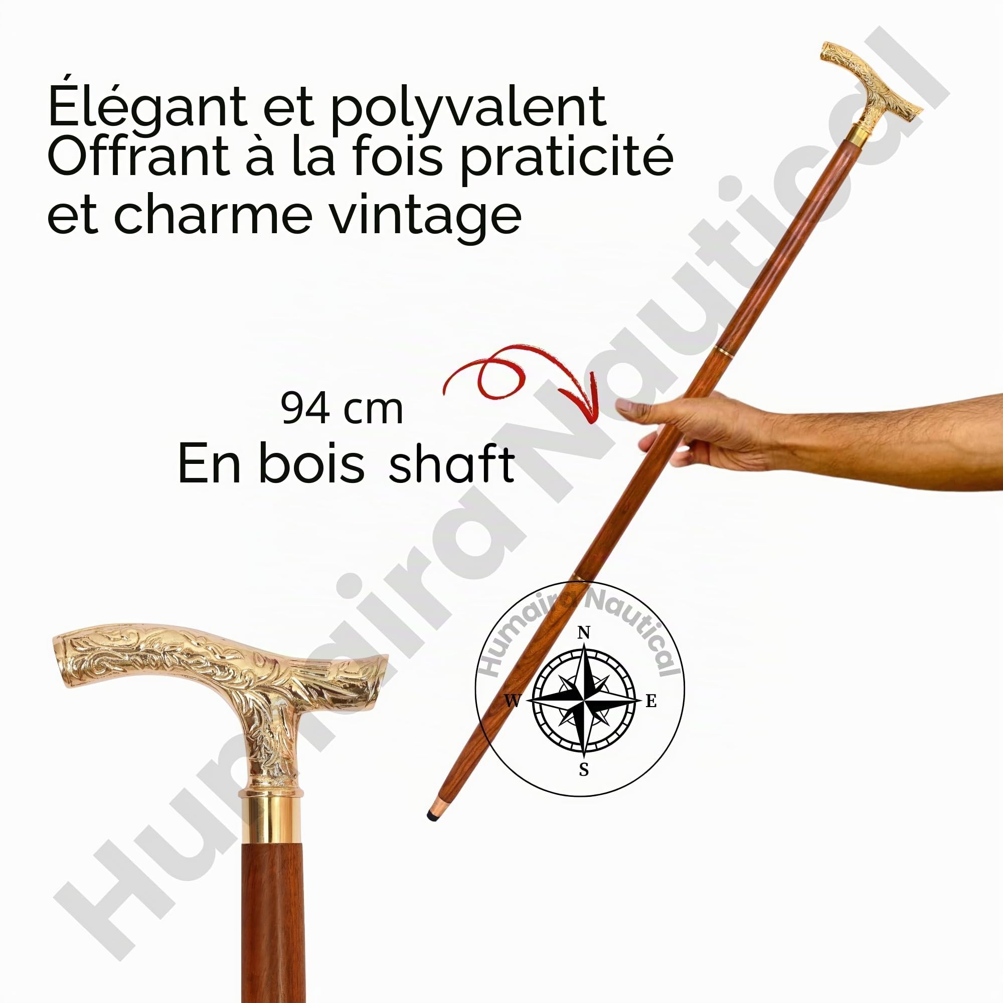Canne de marche en laiton vintage – Canne en bois faite à la main avec poignée en laiton massif – Canne de marche de style antique à collectionner pour hommes, femmes et seniors – Idée cadeau unique