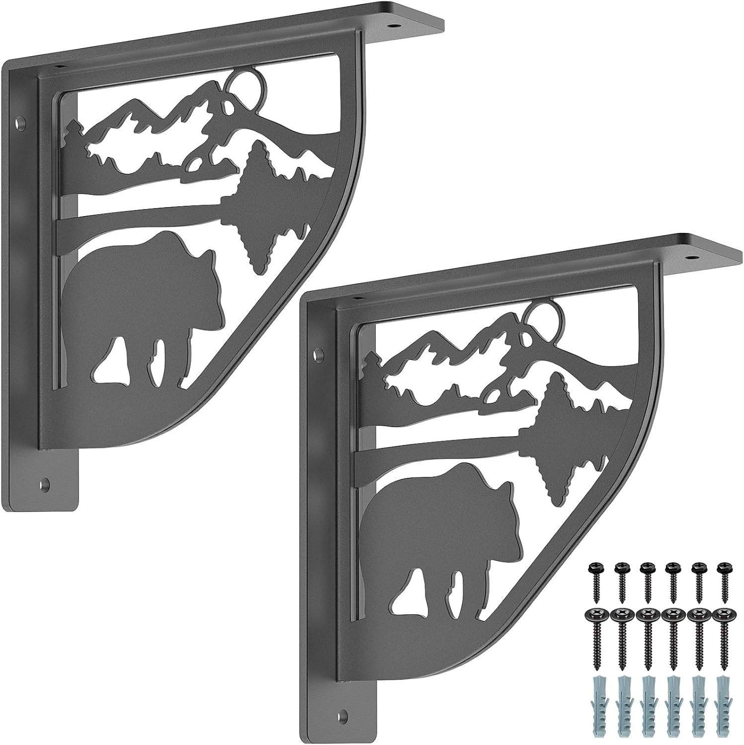 SELEWARE Black Heavy Duty Shelf Brackets, L 8" x H 8" x W 2" Wall Mount Decorative Shelving Brackets, 1/5" Thick Metal L Brackets with Mounting Hardware for DIY Floating Shelf (Bear, 2 Pack)