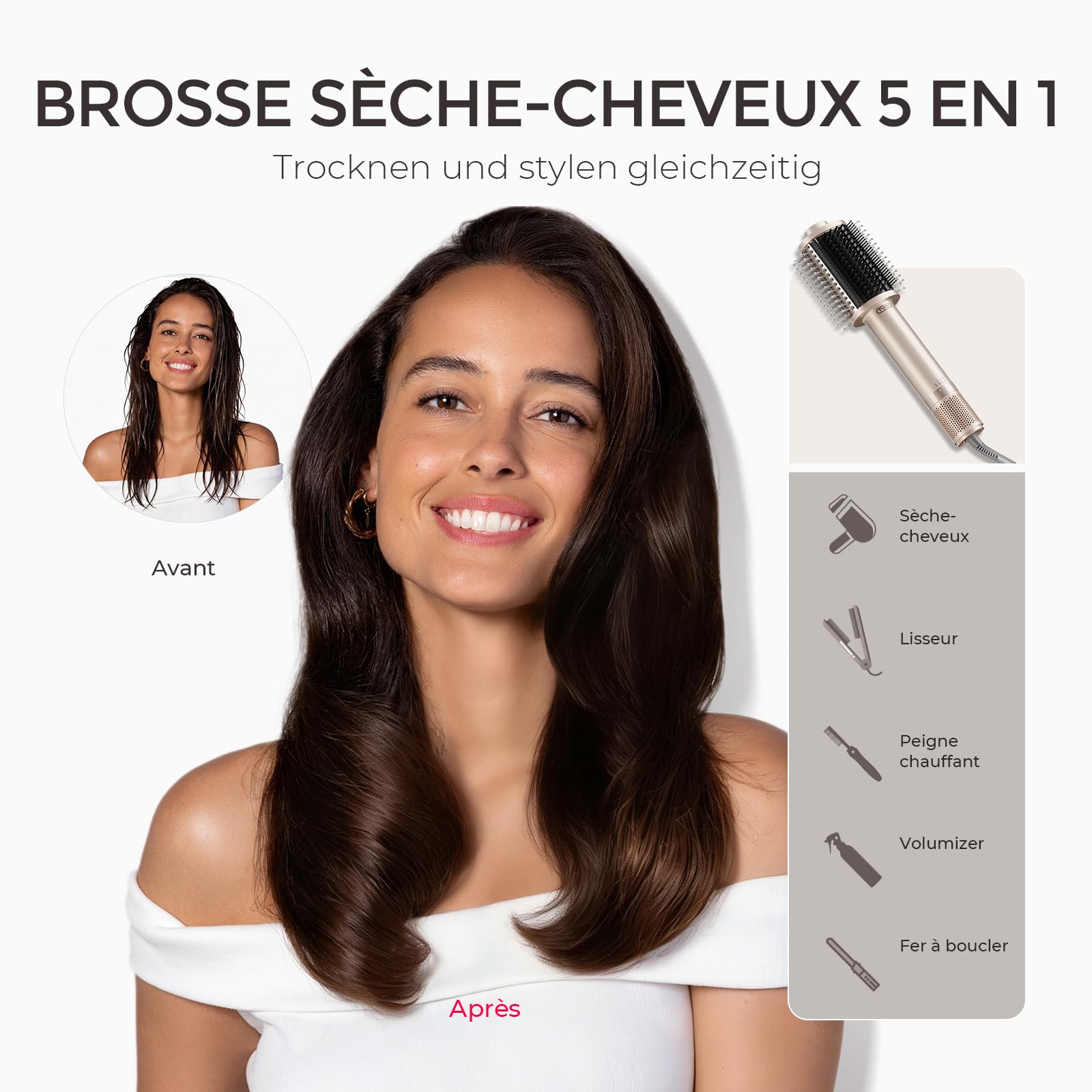 TYMO Brosse Soufflante Chauffante, One-Step Sèche-cheveux et Brosse Volume, Brushing Peine Ionique 5 en 1 avec Moteur Turbo Pour Séchage Rapide et Doux, Lisser, Boucler, Créer du Volume, Or