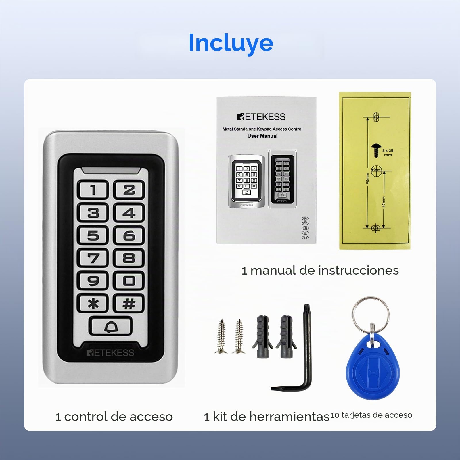 Retekess T-AC03 Control de Acceso Puerta, Teclado Acceso Impermeable IP68, Teclado Táctil Proximidad para RFID Sistema de Control de Acceso 125KHz Retroiluminación 2000 ID Wigan 26 Garaje Departamento