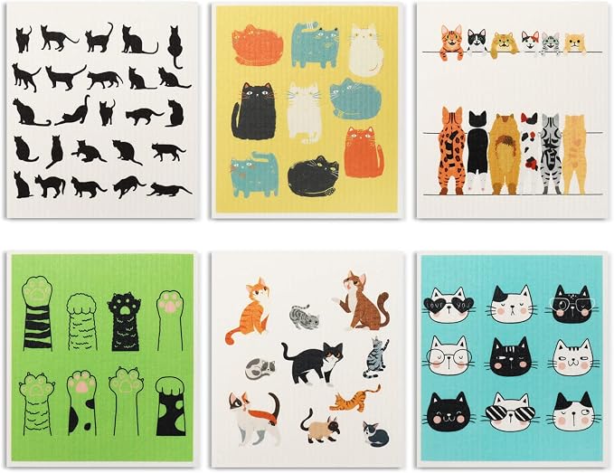 Whaline 6 Pack Cat Dishcloths Reusable Washable Mixed Cat Swedish Towels Cotton Absorbent Cleaning Cloth Hand Towels Decoration for Kitchen Towel Home Clean Bathroom Office Kitchen Gifts