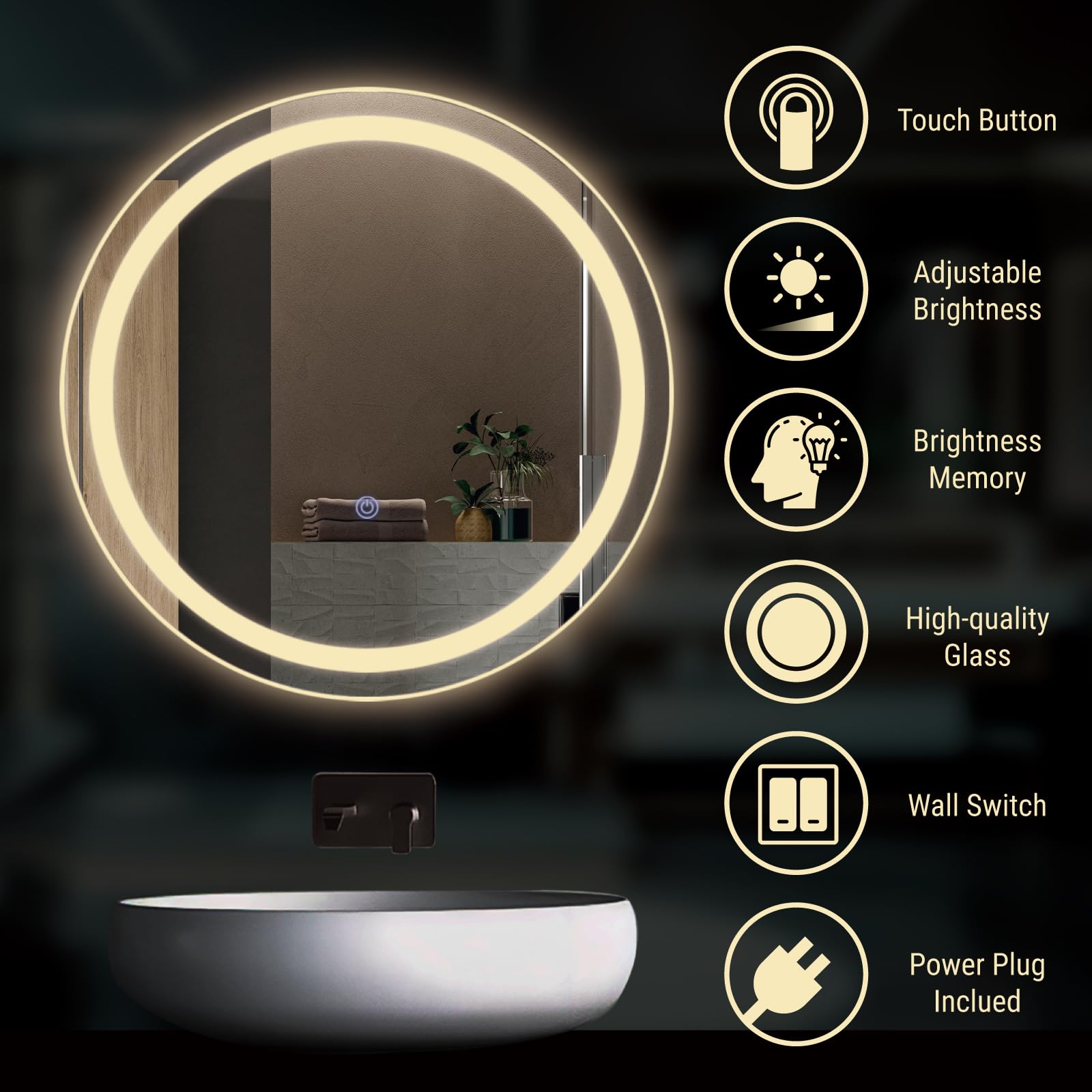 KOSTA 20 Inch Round LED Bathroom Vanity Mirror with Lights Dimmable Memory Function Touch Button Shatter-Proof Wall Mount Lighted Mirror