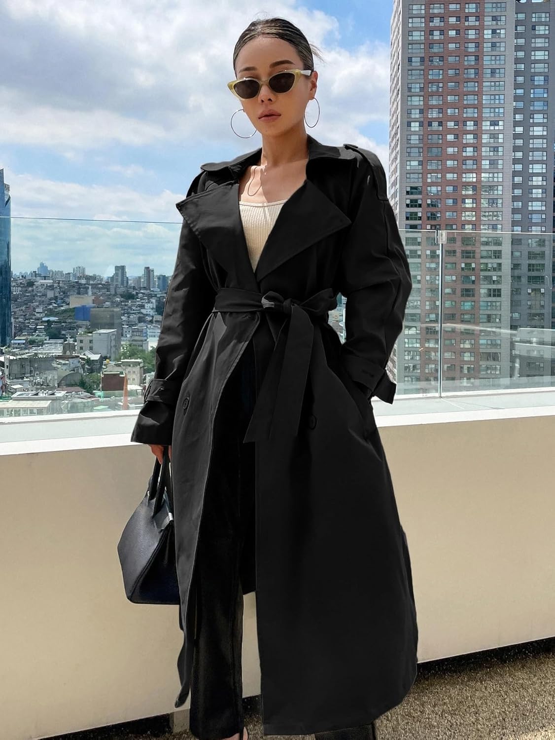 Women's Winter Fashion Long Sleeve Raglan Sleeve Belted Trench Coat Trench Coat