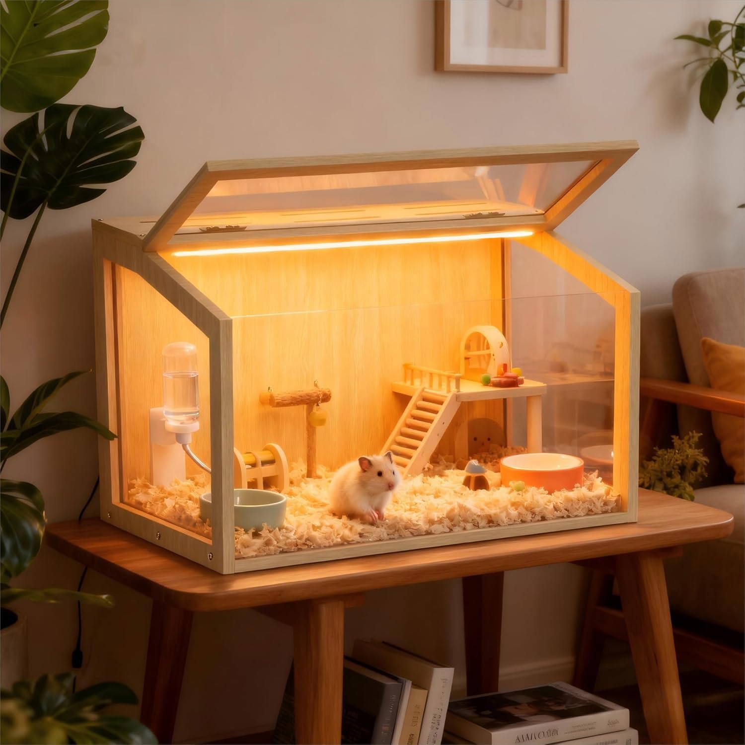 BingoPaw Cage Hamster en Bois, Habitats pour Rongeur Souris avec Fenêtre en Verre Trempé et Trous de Ventilation pour Gerbilles et Cochon d'Inde 60x40x40cm