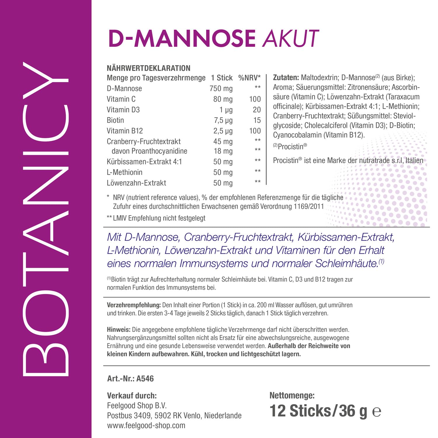 BOTANICY D-Mannose + Cranberry Akut - Bei Blasenentzündung & Harnwegsinfektion - PROCISTIN® D-Mannose-Pulver mit Cranberryextrakt - inkl. Löwenzahn, Ohne künstliche Zusätze & Gentechnik