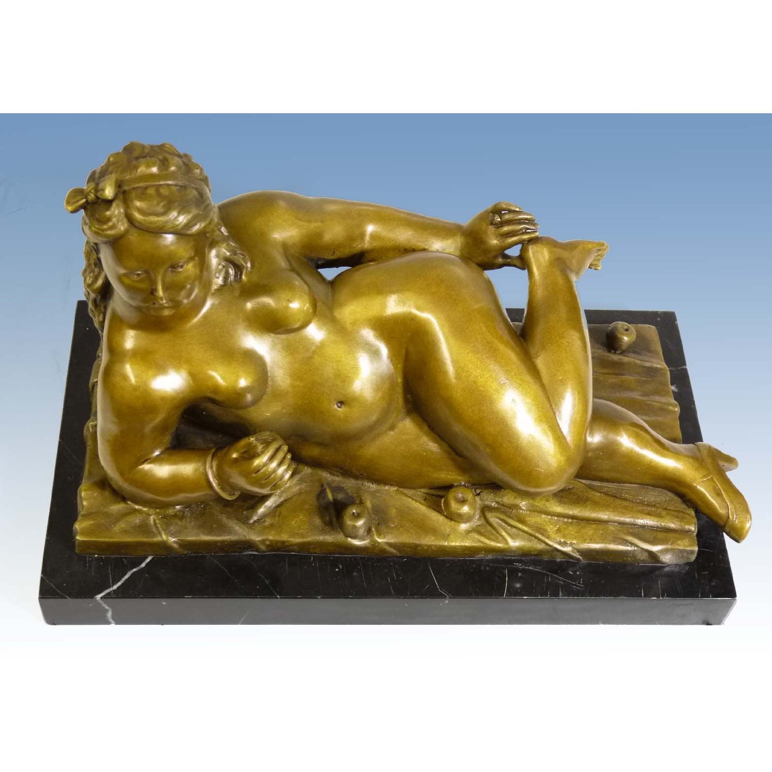 Kunst & Ambiente Liegende Frau mit Äpfeln - Fernando Botero - signiert - Akt Skulptur - Wohndeko - Künstler Figur in Bronze - Bronzefigur