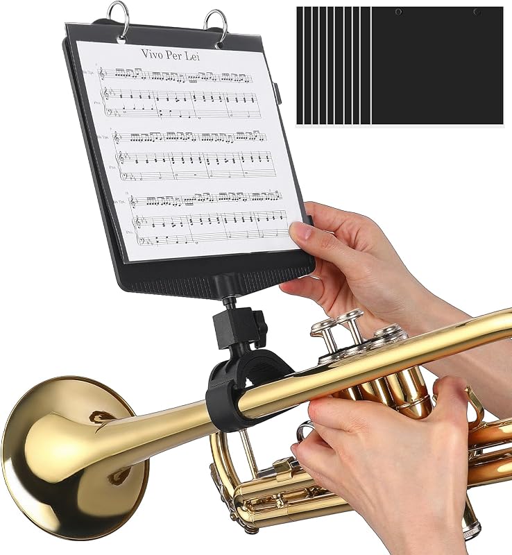 Trumpet Marching Lyre 2 in 1 Adjustable Trumpet & Snare Drum Marching Band Lyre, Music Flip Folder with 10 Double-Sided Folio Pages Marching Band Accessory