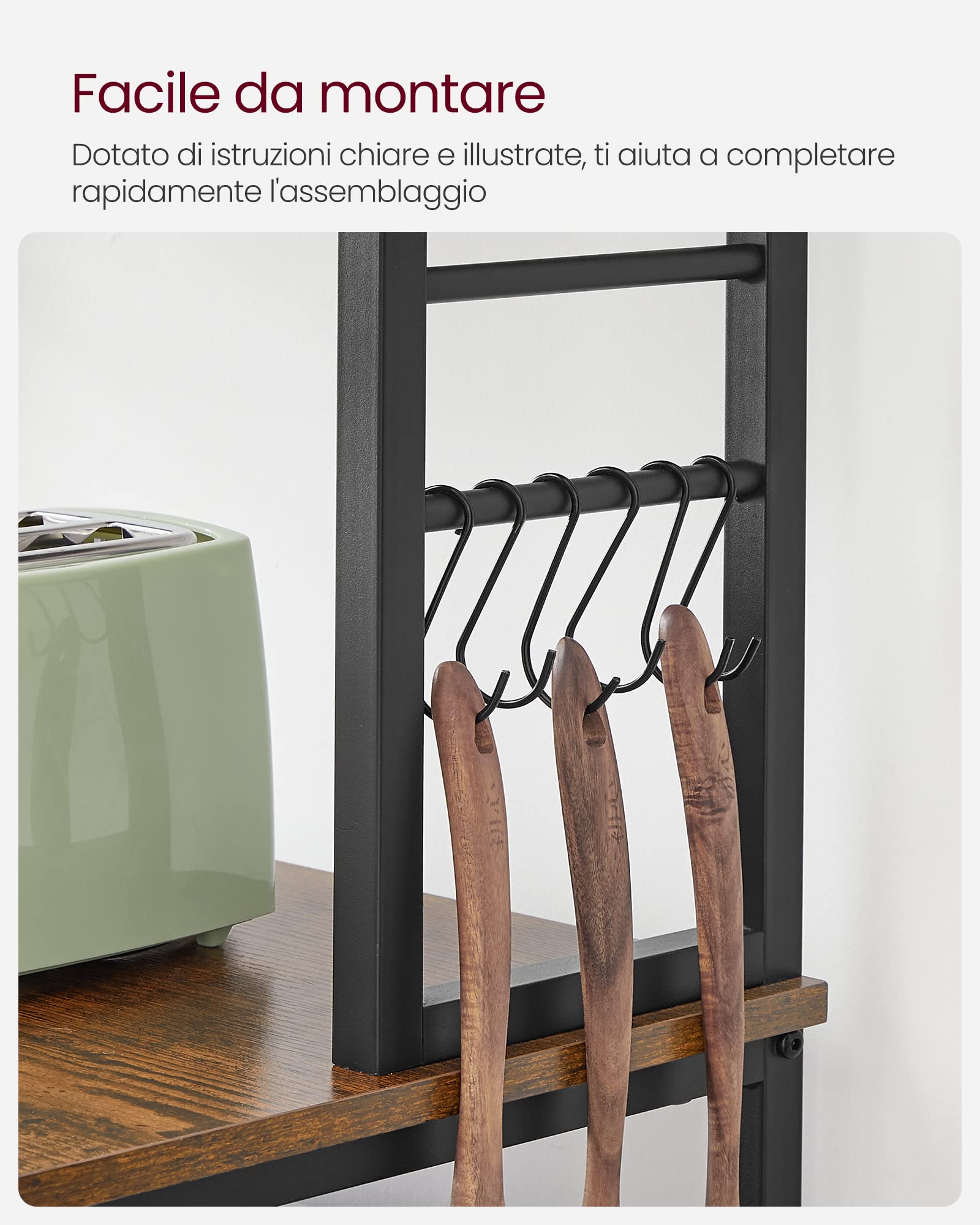 VASAGLE Scaffale Cucina, Mobile Cucina, Scaffale per Microonde, 6 Ripiani, 6 Ganci, Struttura in Acciaio, Stile Industriale, 40 x 60 x 167 cm, Marrone Vintage e Nero Inchiostro KKS024B01