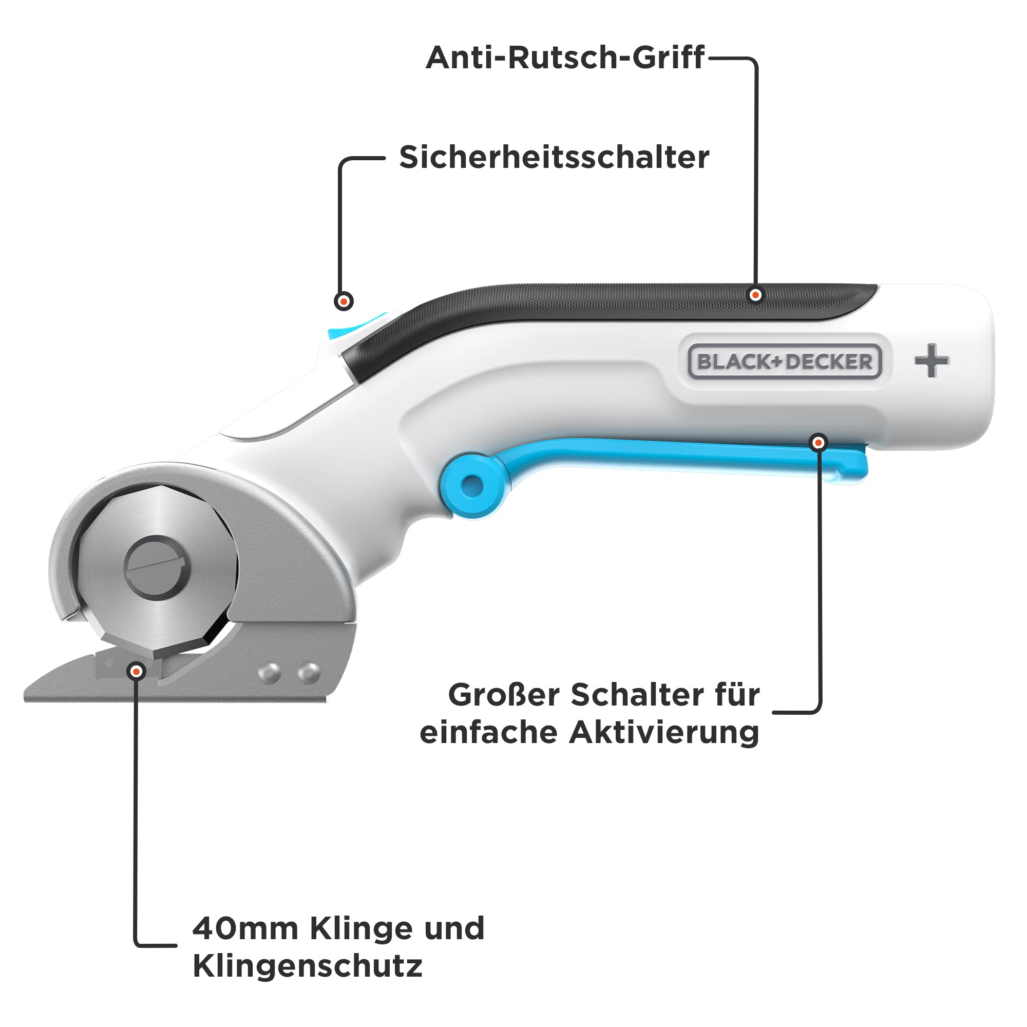 BLACK+DECKER 3.6V Universalschneider Akku (kabellos, Rotationsschneider für präzise Schnitte in Stoff, Papier, Pappe, Kunststoff, mit selbstschärfender Klinge, inklusive USB-C Ladekabel) Weiß/Blau
