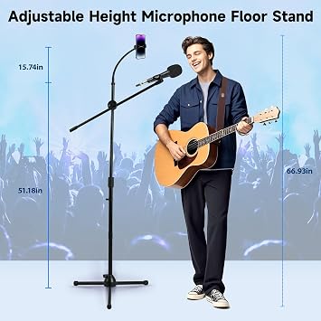 Microphone Floor Stand, Mic Stand Floor with Phone Holder Height Adjustable, Heavy-duty Tripod Stable Stand with Boom Arm Dual Device Mount for Streaming, Podcasting, Recording, and Live Performances