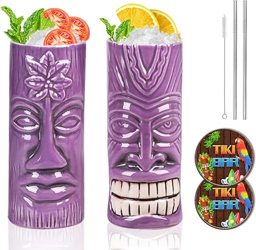 SuproBarware TIKI - Juego de 2 tazas de cerámica TIKI de 15 onzas  14.9 fl oz, estilo tropical, juego de vasos de cóctel para amantes del cóctel