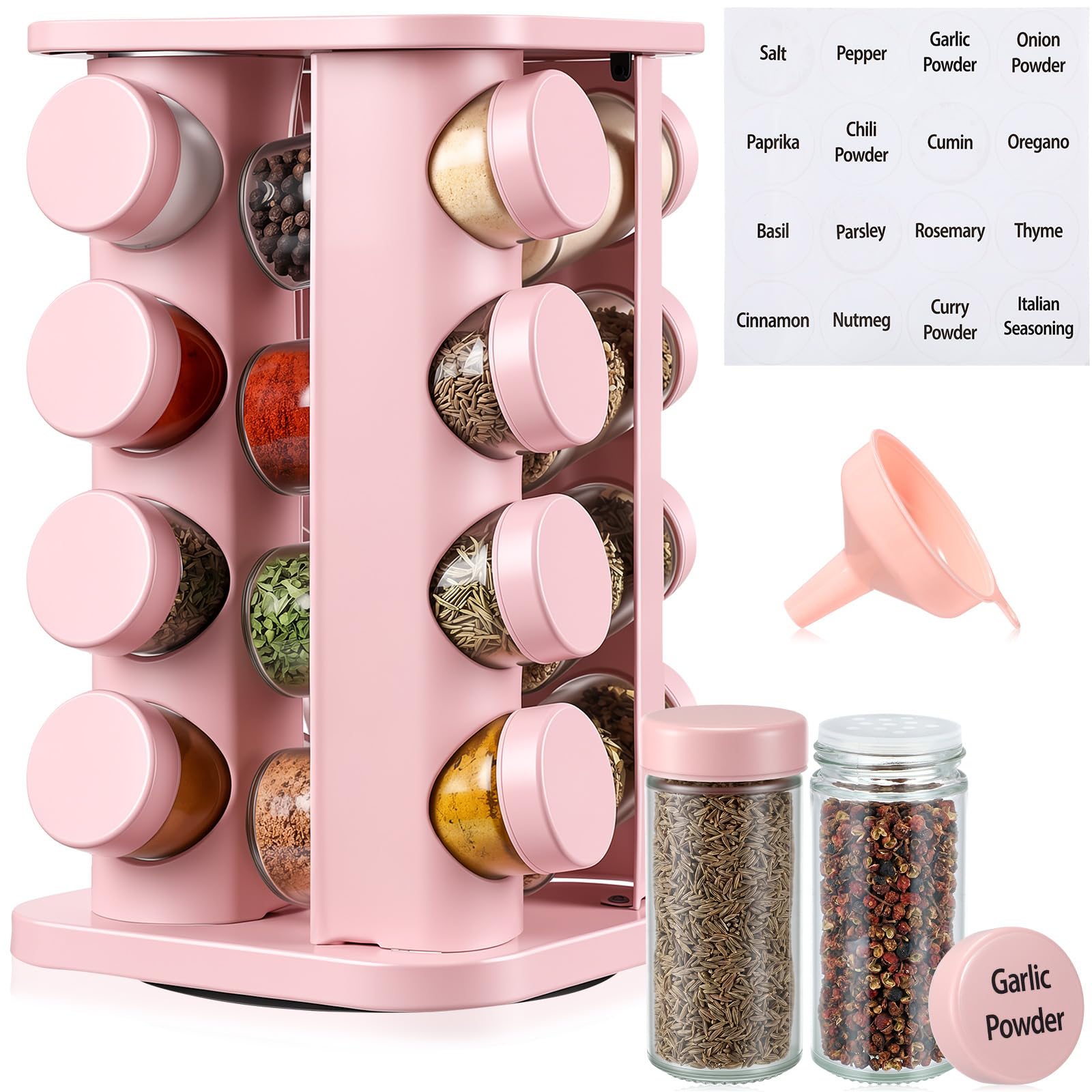 Yungyan Rosa quadratisches drehbares Gewürzregal Gewürz-Organizer mit 16 leeren Gläsern, Gewürzbehälter-Set mit Etiketten und Trichter, drehbares Gewürzregal für Küchenzubehör
