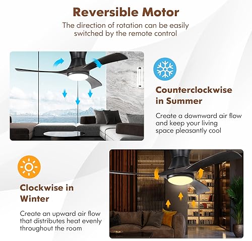Miniatura 5 de COSTWAY Ventilador de techo de 52 pulgadas con luz y control remoto, ventilador de iluminación de 3 aspas de montaje empotrado con motor de CC