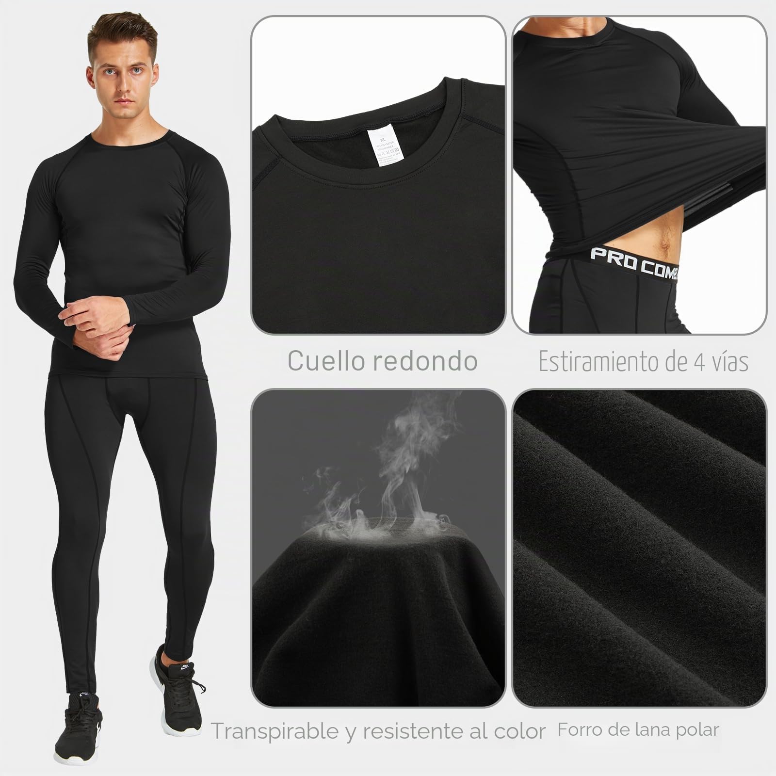 Ropa Termica Hombre Frio Conjunto Interior Termico Transpirable Camiseta Manga Larga y Pantalon Invierno para Esqui Moto Trekking