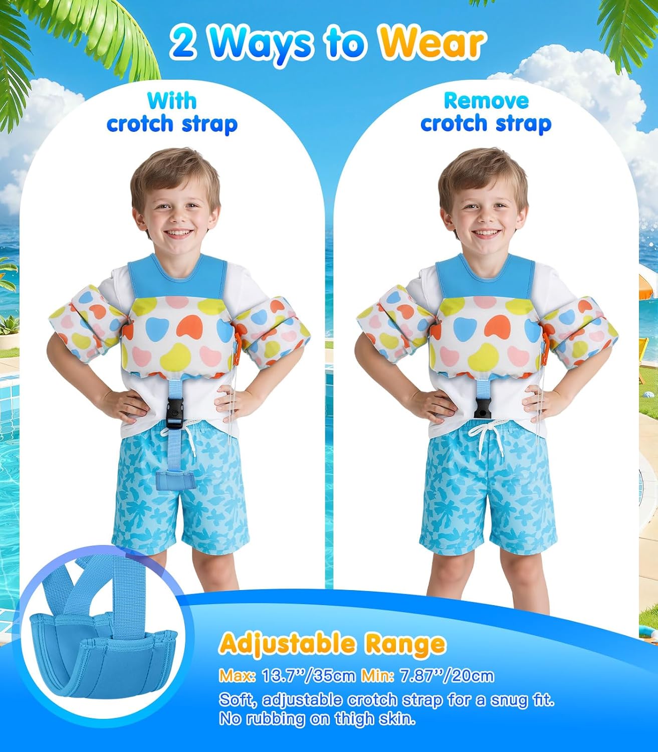 MoKo Toddler Swim Vest for 15-30-50-66 pounds, Boys Girls Swim Puddle Arm Floaties Cartoon Swimming Water Wings with Crotch Strap, Pool Floats Jacket Sleeves Shoulder Straps Arm Band for Toddler