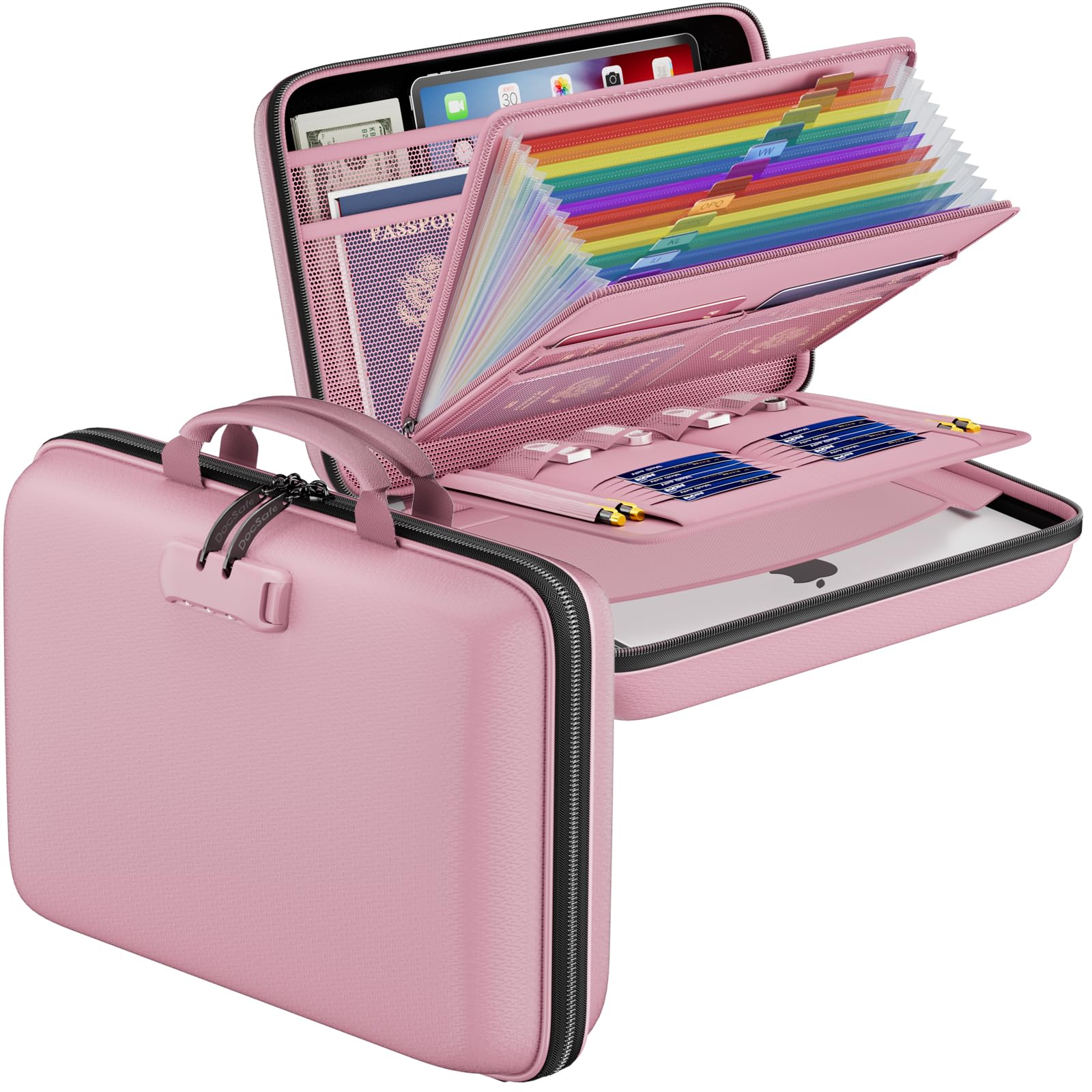 DocSafe Fireproof File Organizer with Lock, Hard-Shell Case Fireproof Document Box with 13 Pocket Accordion File Folder, Portable Home Office Travel Safe Storage for Important Documents Laptop Pink