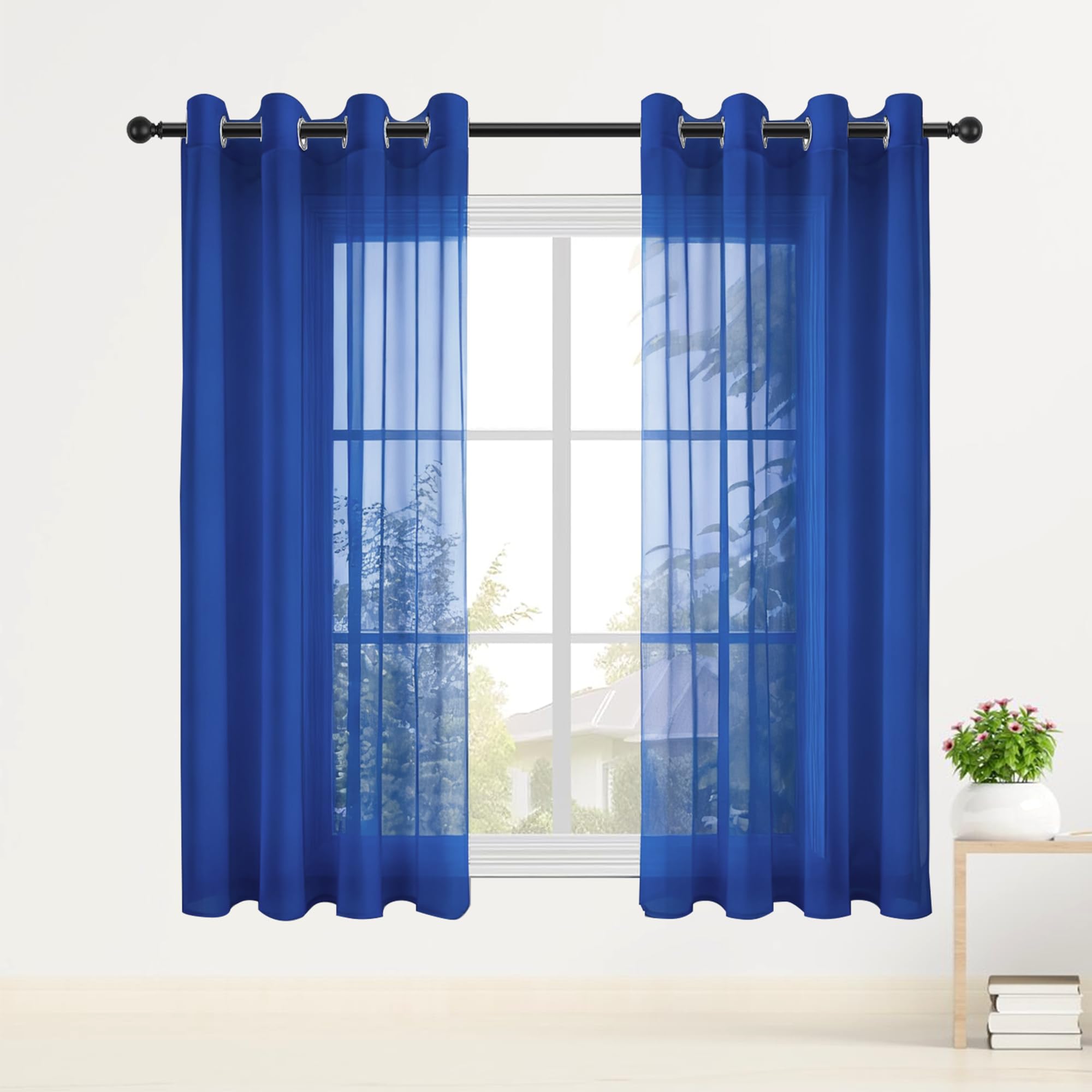 Rideaux voilages oeillet bleu foncé 490x285 cm transparents pour grand salon et chambre moderne