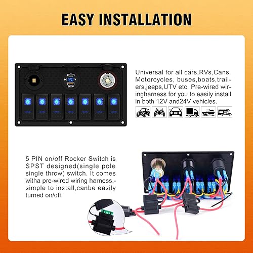 Vista 79 de Panel de interruptor de palanca impermeable de 6 cuadrillas 12V/24V Panel de interruptor basculante de aluminio con cargador USB doble, voltímetro