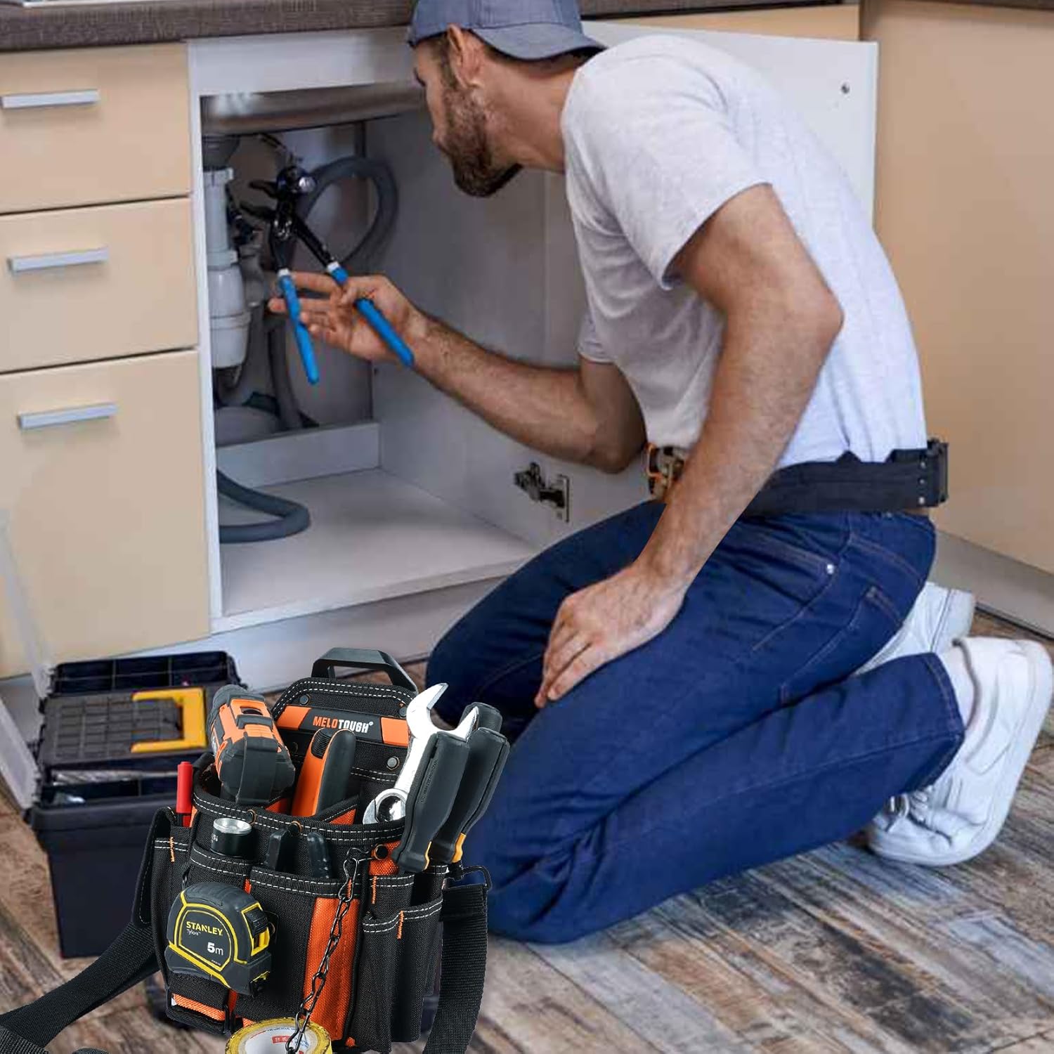 MELOTOUGH Electrician Tool Pouch Bag with Shoulder Strap Professional 15 Pockets Tool Pouch with Belt Clip Quickly Attach and Release Tool Bag