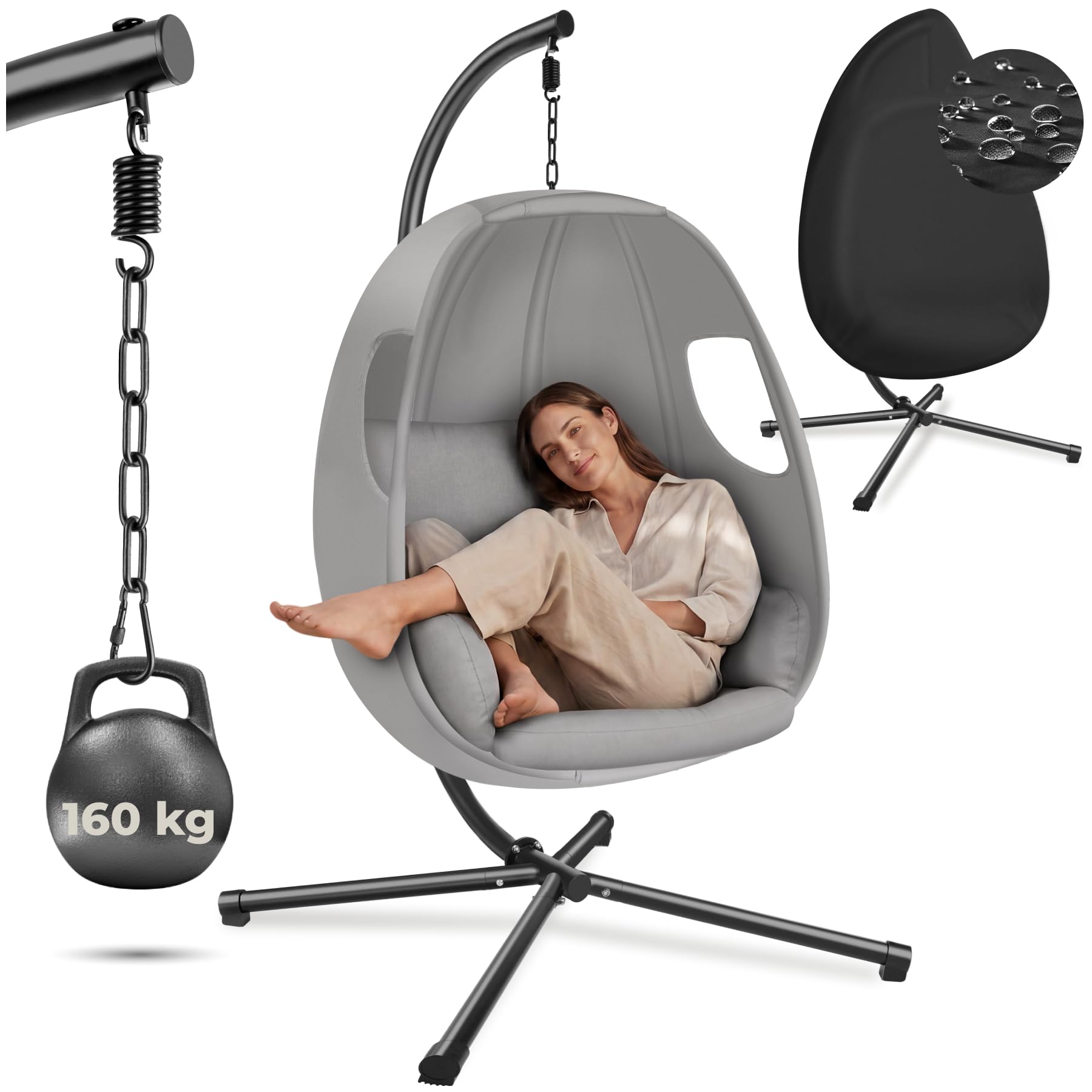 tectake® Columpio Jardín Exterior con Estructura, Silla Colgante Giratoria, Altura Ajustable, Resistente a la Intemperie, Sillón Colgante, hasta 160Kg, con Funda Protectora y Cojines - Gris Claro