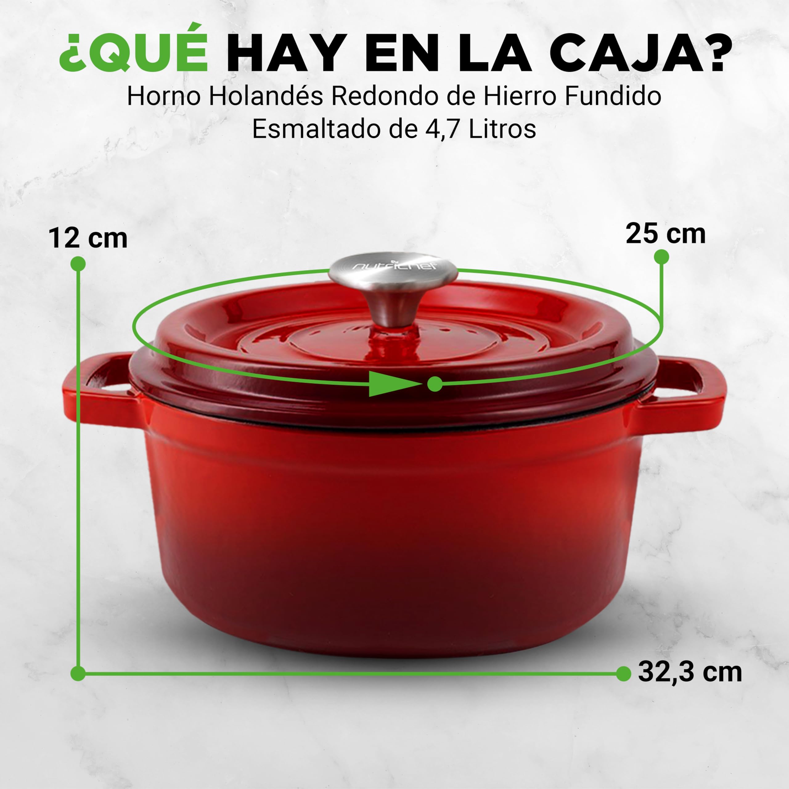 Nutrichef Olla de hierro fundido, Redonda, Esmaltada, 5 cuartos, Recubierta de porcelana, Con tapa