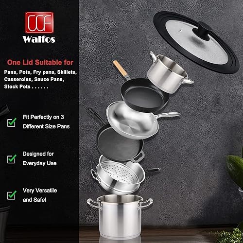 Miniatura 2 de Tapa universal para ollas, sartenes y sartenes para utensilios de cocina de 7, 8 y 9 pulgadas de diámetro, tapa de sartén de vidrio templado Walfos