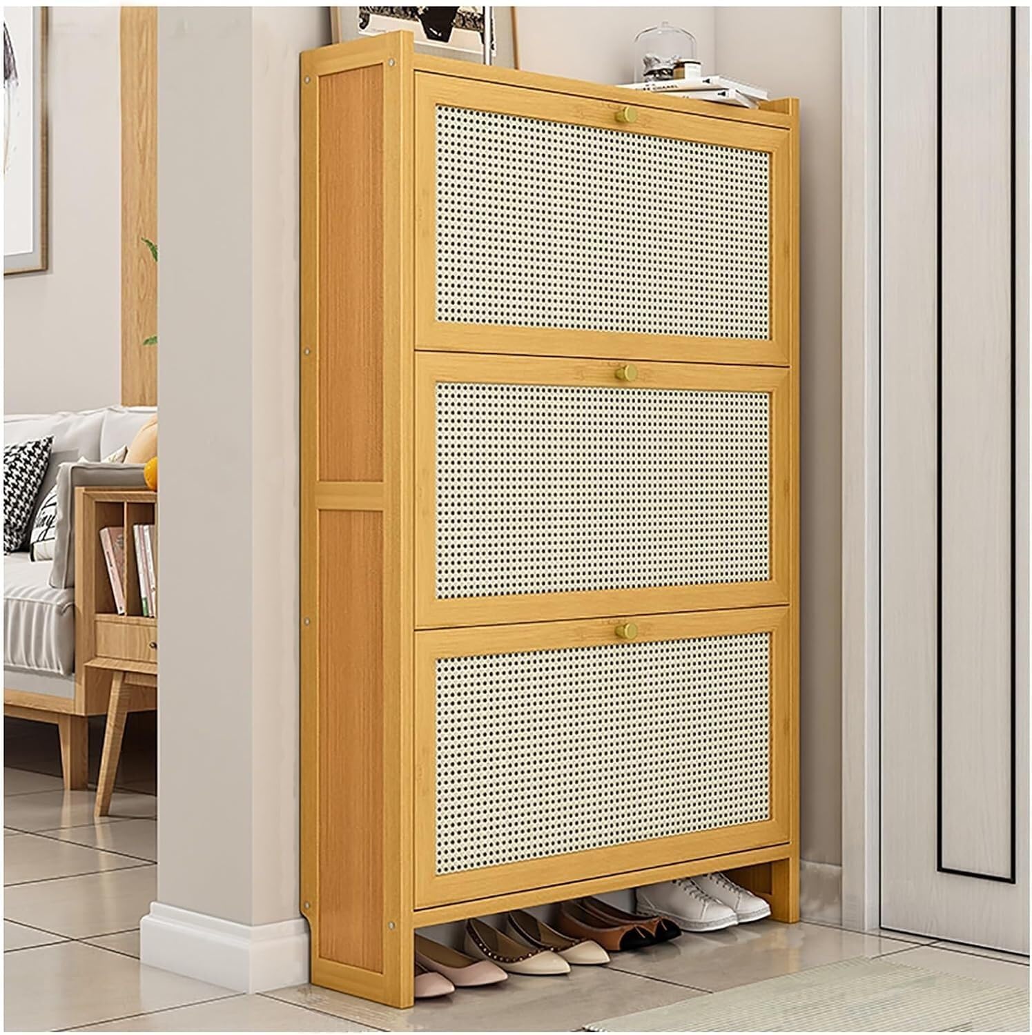 Organisateur d'étagère à chaussures autoportant en bois et meuble de rangement mince moderne