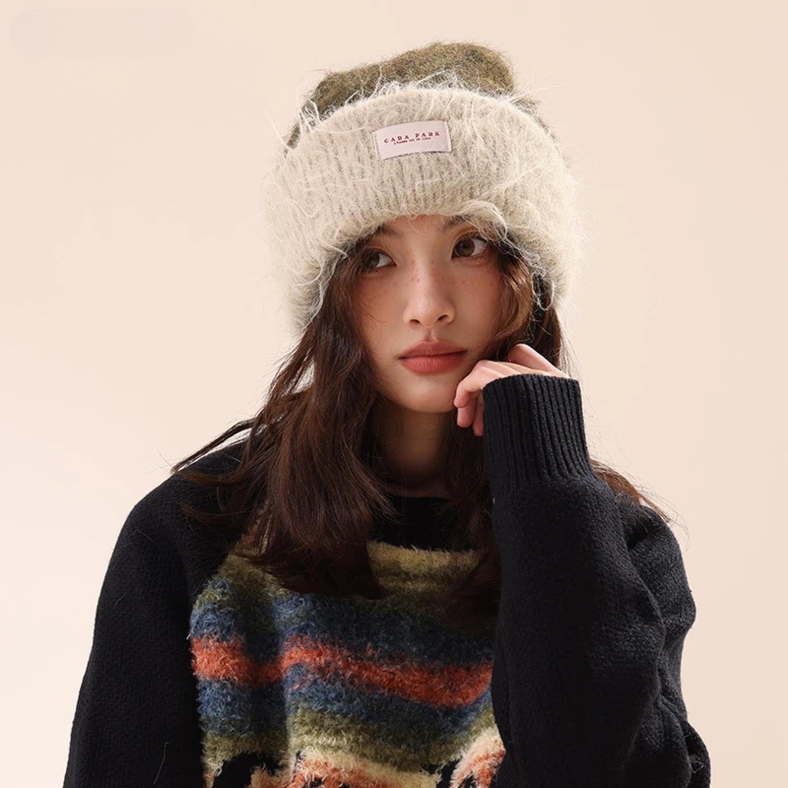 Casquettes Bonnets Chapeaux Bonnet Tricoté Bonnet Chapeau Bonnet en Peluche Épais Et Chaud De Couleur Contrastée pour Femme, Bonnet Tricoté Polyvalent, Décontracté, Chaud, À La Mode, pour L'