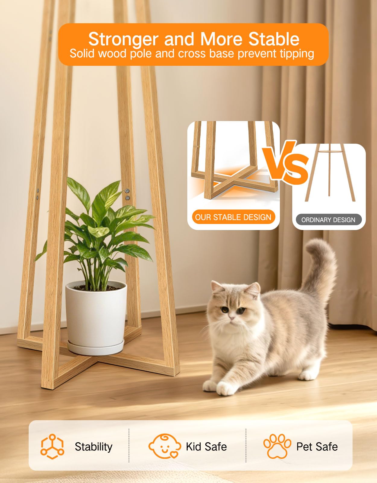 OUTON Dreibein Stehlampe Holz mit Fernbedienung, Dimmbar | 1100LM LED, 3000K-6500K, Leinen Lampenschirm, Massivholz, Timer, Memory Funktion, Fußschalter