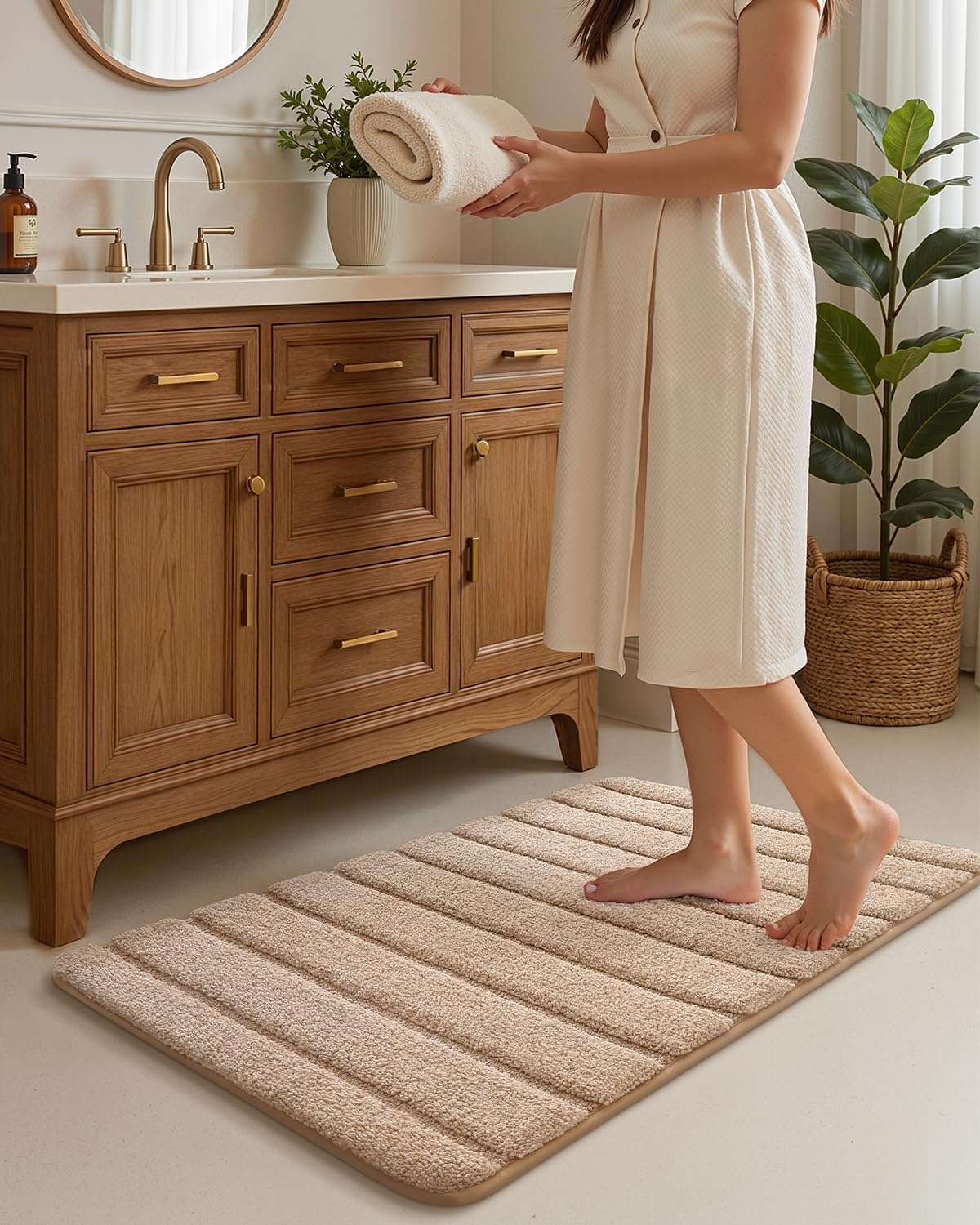 Color&Geometry Khaki Bathroom Rug,24"x60" Ultra Soft Plush Bath Mat for Bathroom Floor, Super Absorbent Quick Dry Carpet with Rubber Backing, Non Slip Washable Shower Mat for Tub