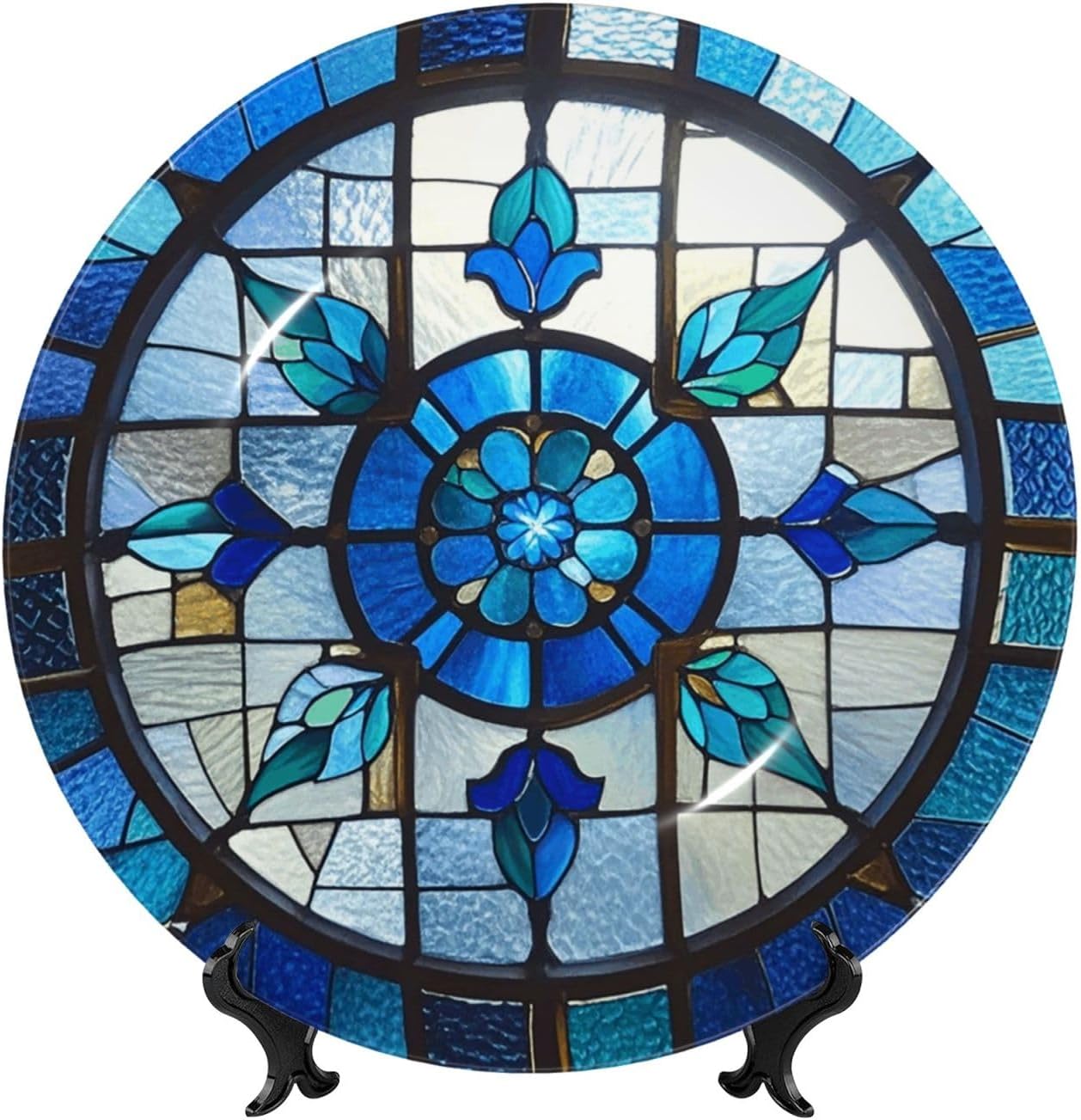 Bone China Decorative Plate with Display Blue stained glass window Ceramic Plates Crafts Art Decor Dessert Plate Ceramic Ornament Porcelain Plates for Living Room Kitchen Table Home Decor