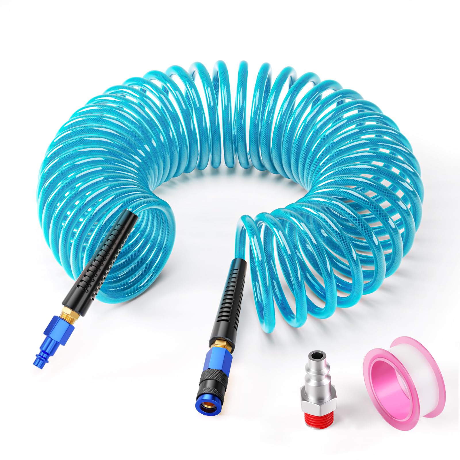 GASHER 1/4" x 25FT Blue Reinforced Polyurethane Air Hose with Bend Restrictor, 1/4" AMT Universal Air Coupler and Plug for Air Compressor