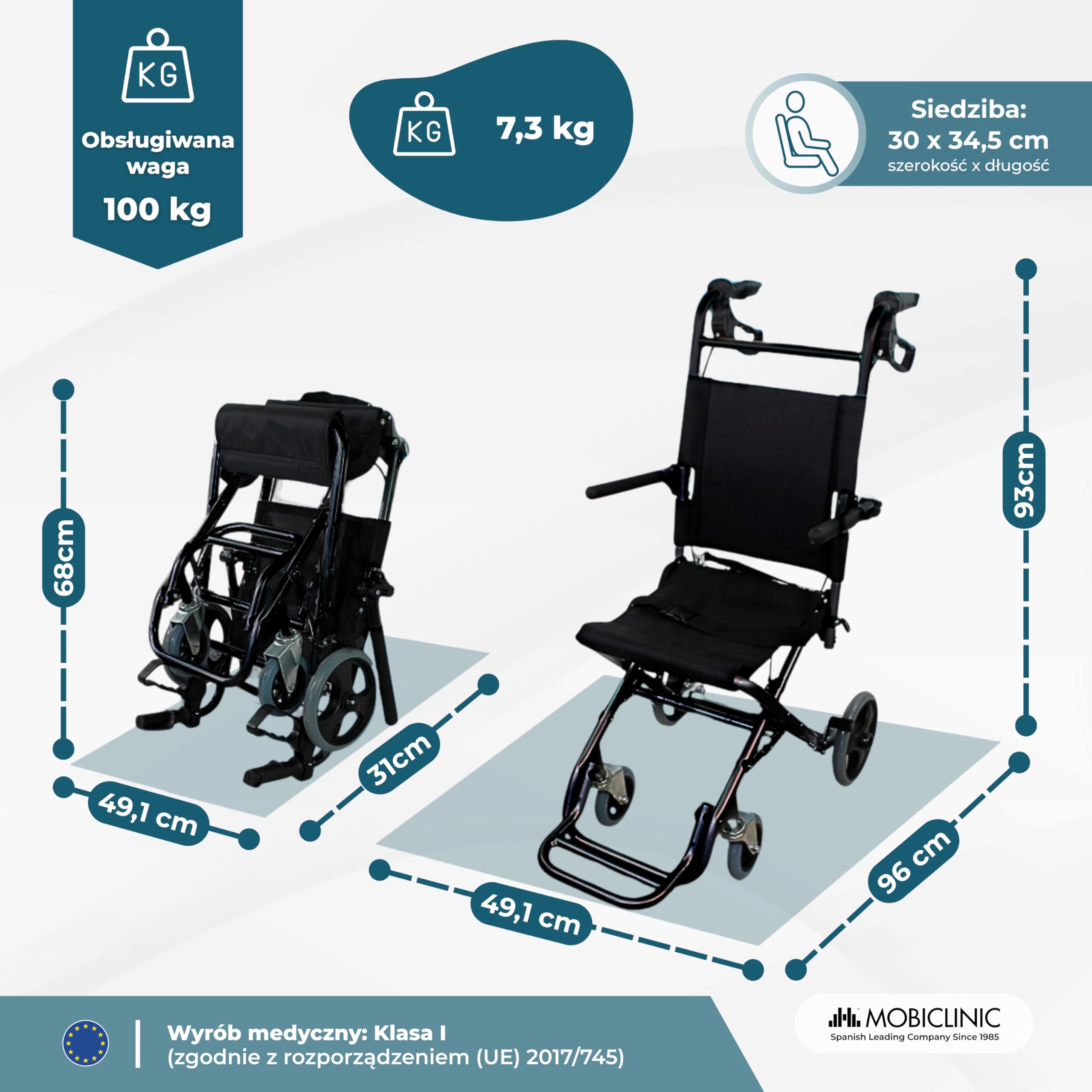 Wózek transportowy | Składany | Aluminium | Małe kółka | Hamulce na dźwigniach | Czarny | Saturn | Mobiclinic