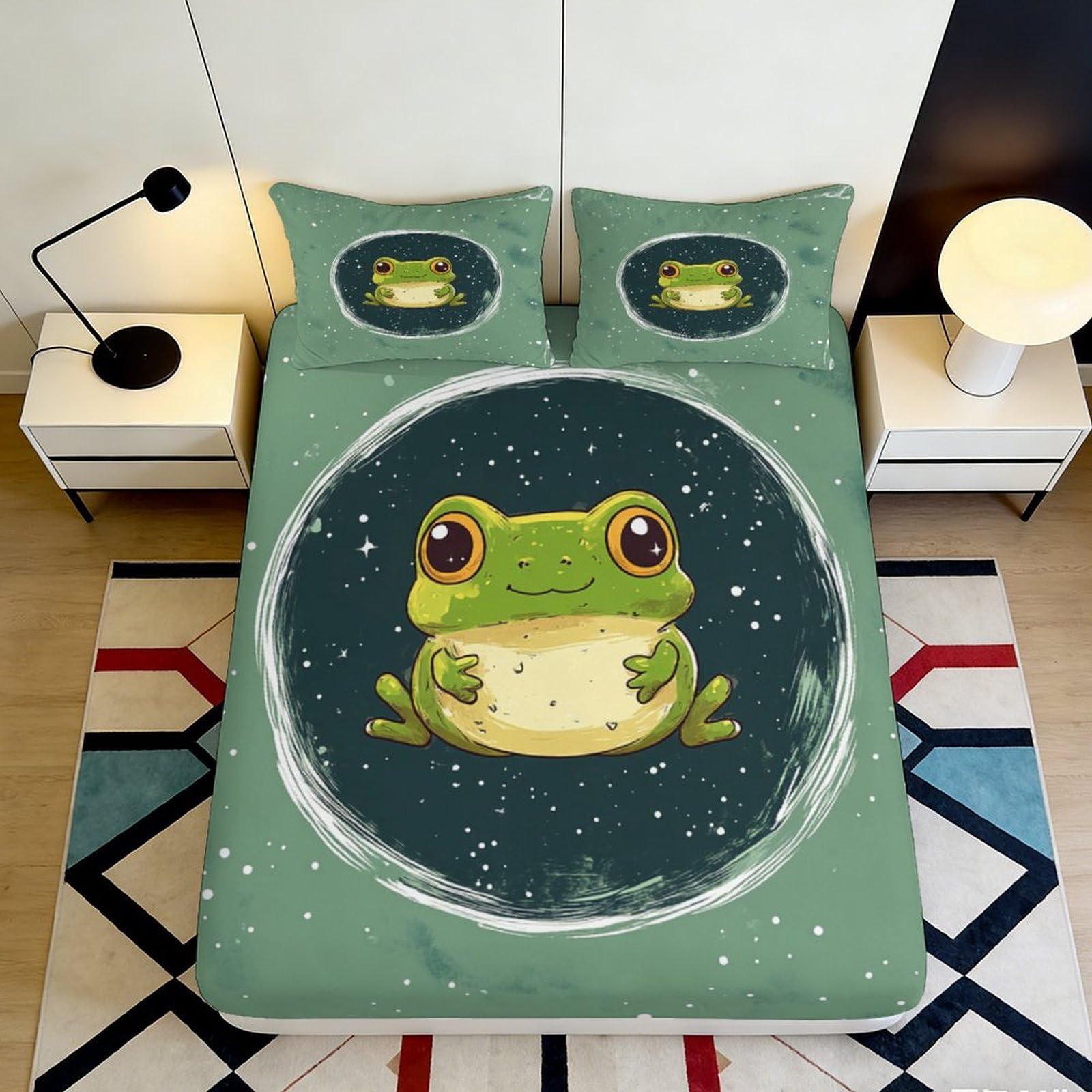3D Printed Cute Frog Fitted Sheet Microfiber Deep Pocket Non-Slip Bedroom Bedding Frog Mattress Fitted Cover For Adults Teens 200x200x25cm