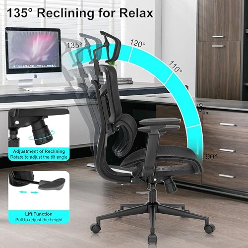 Miniatura 4 de Silla de oficina ergonómica, silla de escritorio con altura ajustable, soporte lumbar, sillas de computadora de malla con respaldo alto con