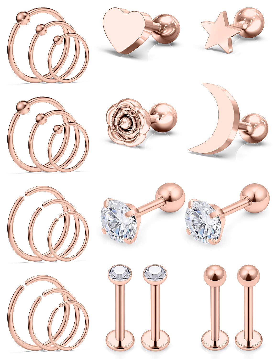 Hoeudjo22Pcs 16g Cartilage Stud Earrings Stainless Steel Forward Helix Earring for Men Women CZ Barbell Tragus Conch Piercing Earrings Ear Hoop Earrings