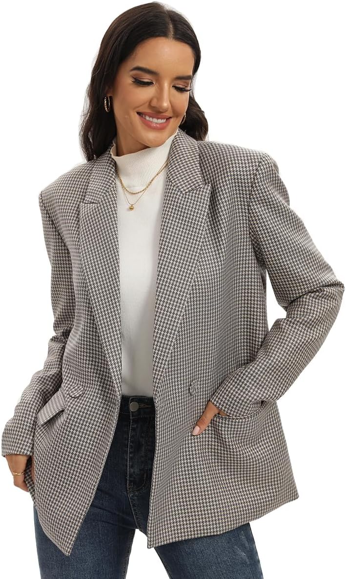 TRNY Women's Oversized Double-Breasted Suit Blazer Jacket Long Sleeve Casual Boyfriend Style Work Office Blazer with Pockets
