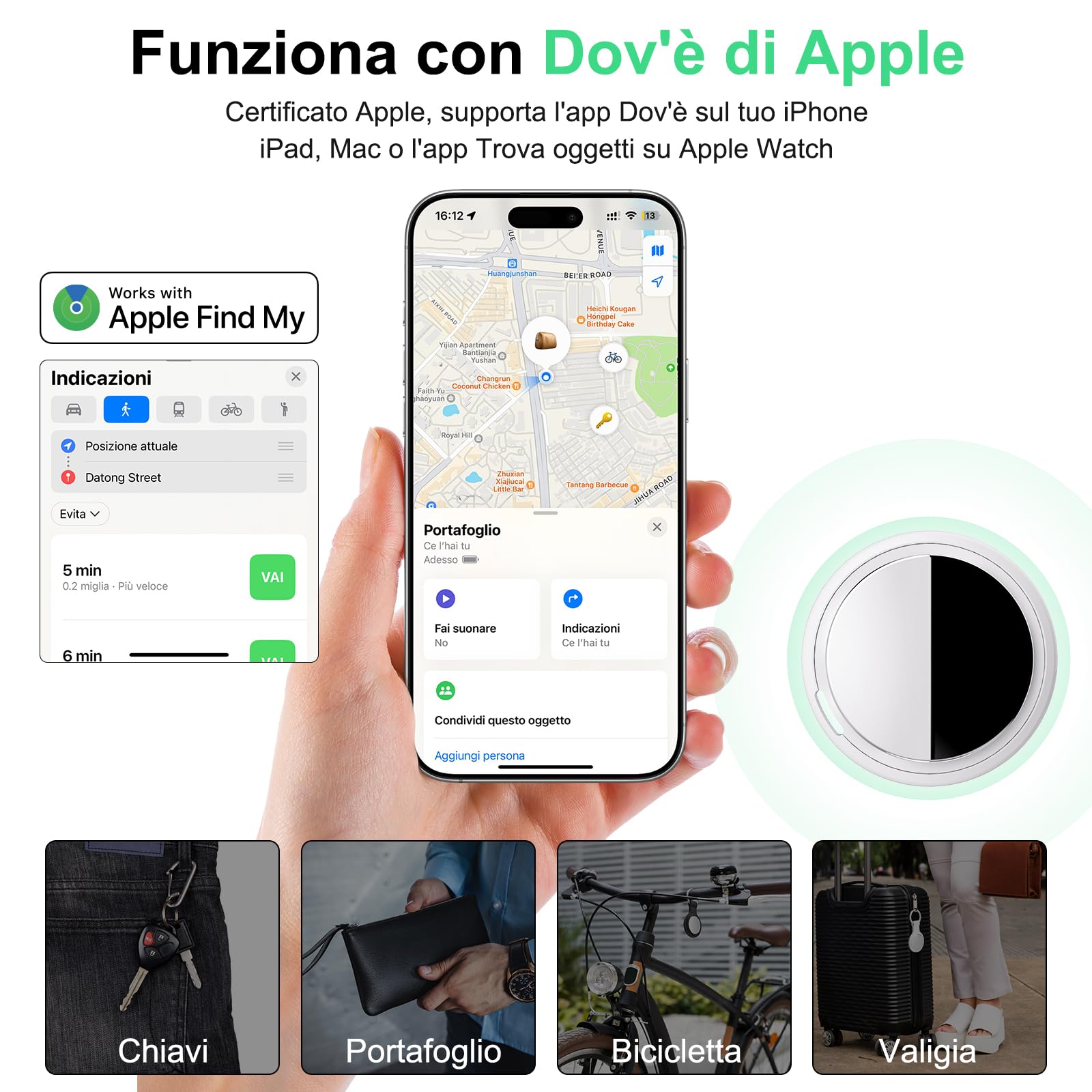 Bnlei Localizzatore Smart Air Tracker Tag Compatibile Apple Dov'è (solo iOS) Batteria di Ricambio Inclusam, Adatto per Chiavi, Portafoglio, Auto, Bici, Cane, Gatto (Bianco, Confezione da 1)