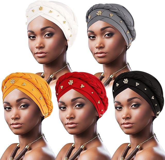 DRESHOW African Women Turban Pre-Tied Twisted beaded Braid Head Wrap Hat Beanie Headwraps Chemo Cancer Cap