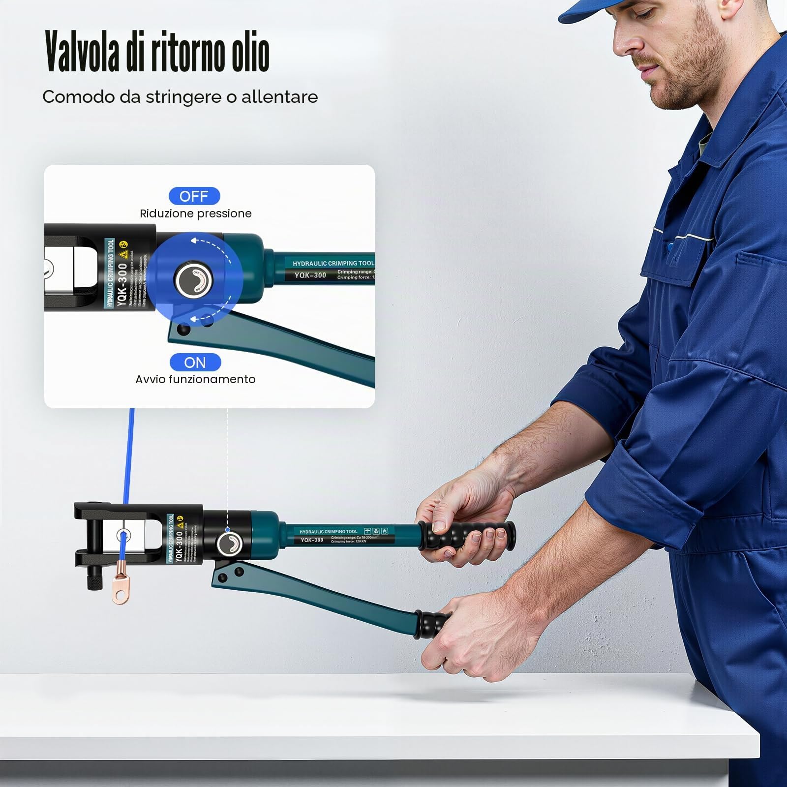 Pinza crimpatrice idraulica, 12 tonnellate, 120 KN, 16-300 mm², con 11 matrici, crimpatura esagonale, testa girevole a 360°, valvola di ritorno dell'olio, strumento professionale per elettricisti