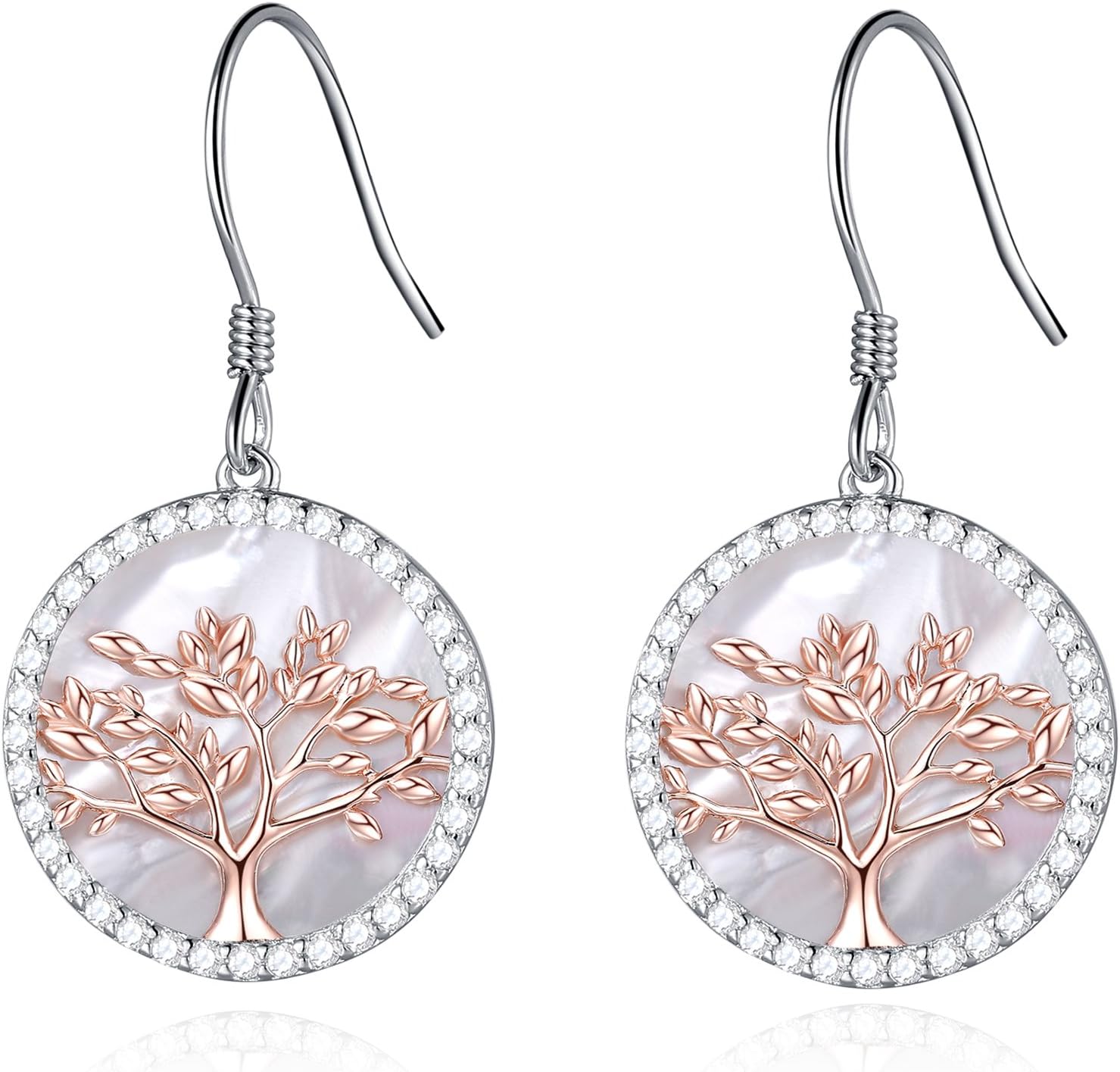 Women Tree of Life 925 Sterling Silver Mother of Pearl Rose Gold Drop Stud Earrings with Crystals Jewellery Gifts for Her Mum Wife Girlfriend