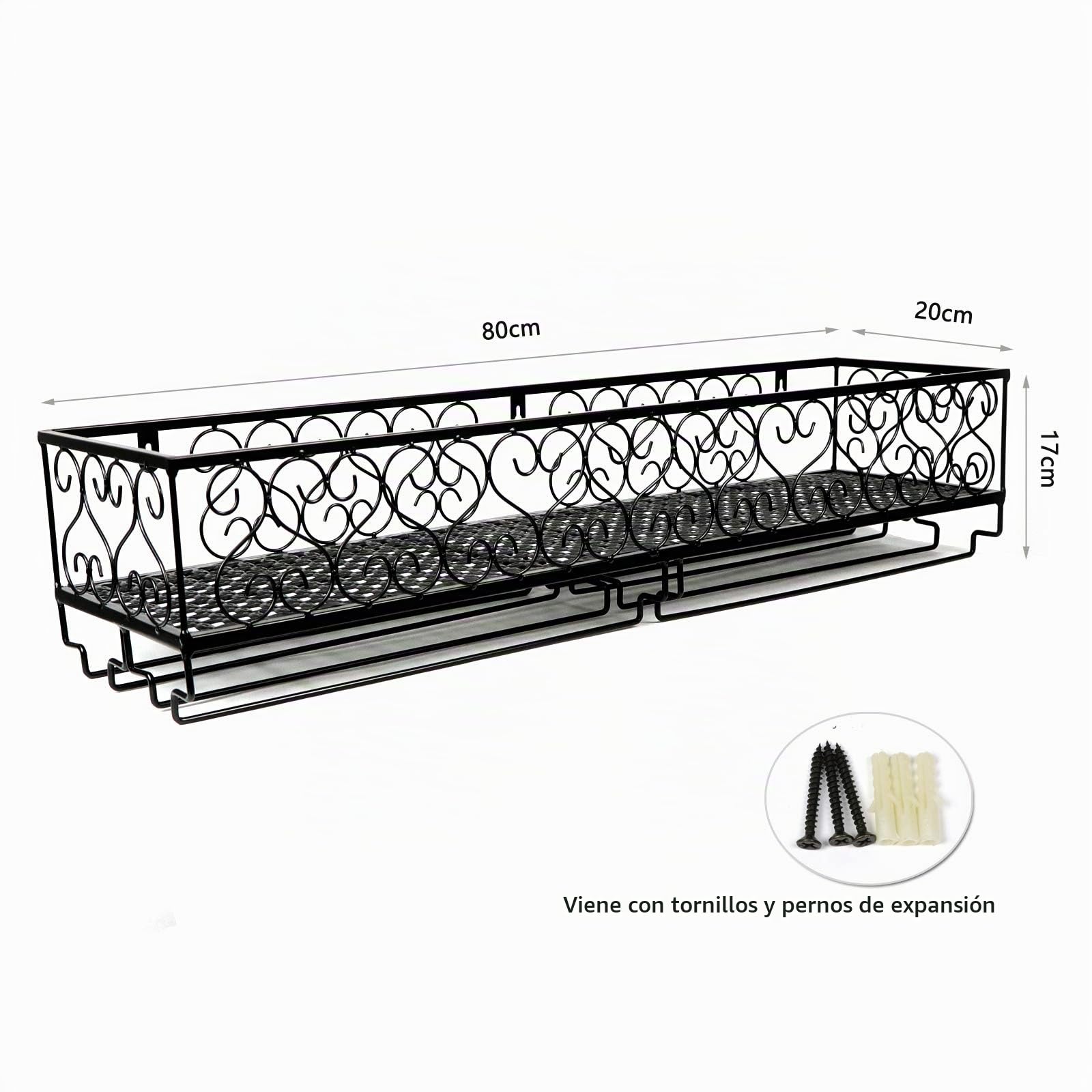 W-612 Soporte Colgante de Metal Negro para Copas de Vino, champán y Copas de Cristal, 80 x 20 cm, con Capacidad para 18 Botellas de Vino y 18 Copas de Cristal