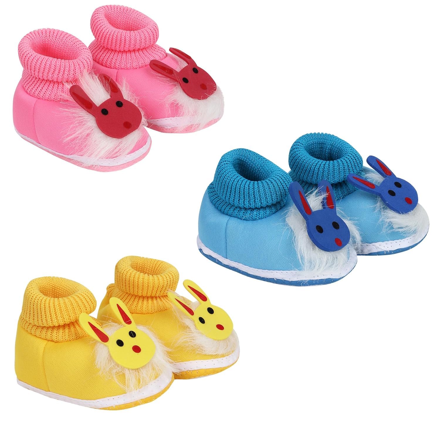 PEARSILKNew Unisex Baby Newborn (Infant Baby) Booties Kids First Walking Soft Fabric Fur Shoes with Anti Slip Sole Toe Multicolor Pack of 3