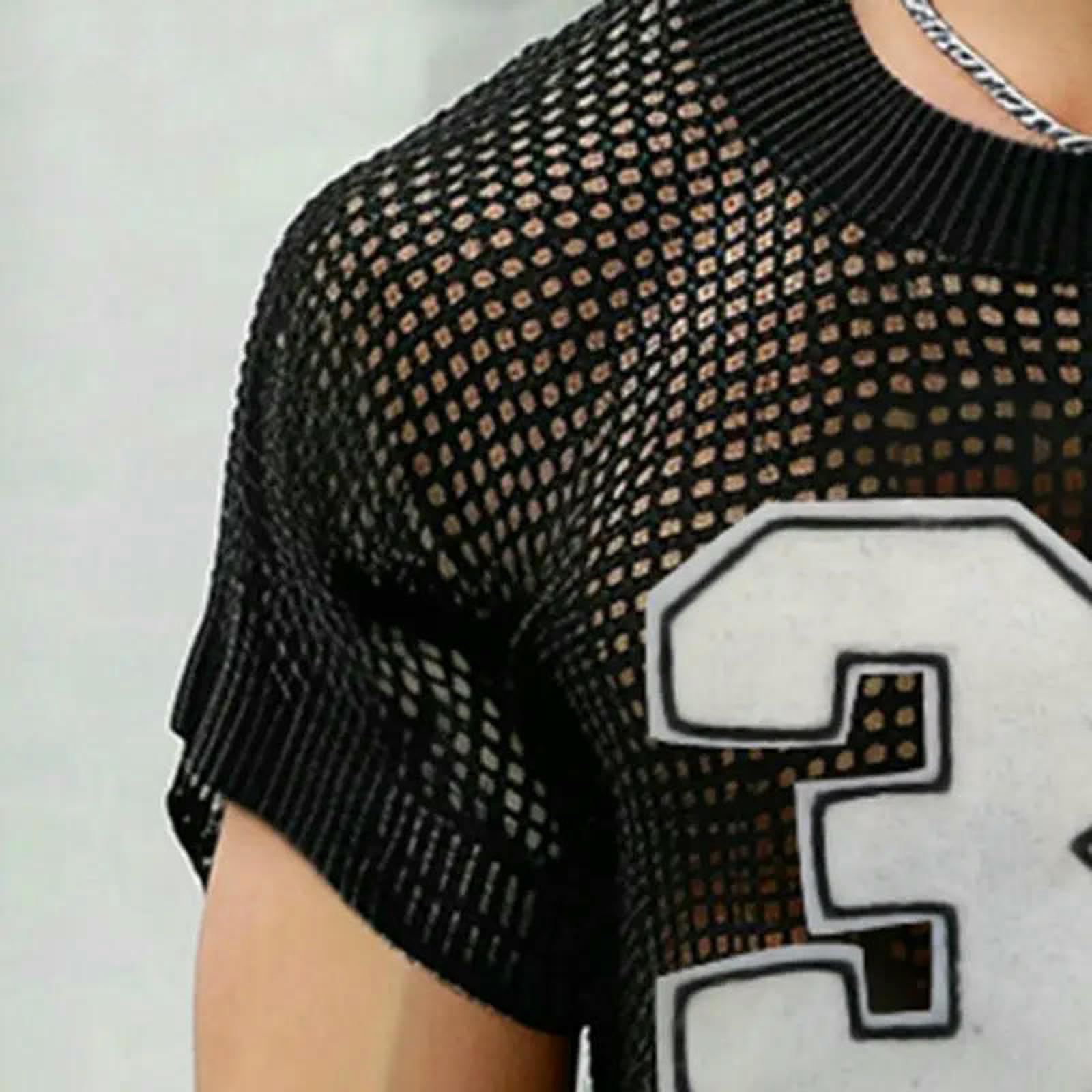 Maglietta Uomo American Style Fashion Men Mesh Fabric Thirt Digit Stampato personalità Casual-Nero-XXXL