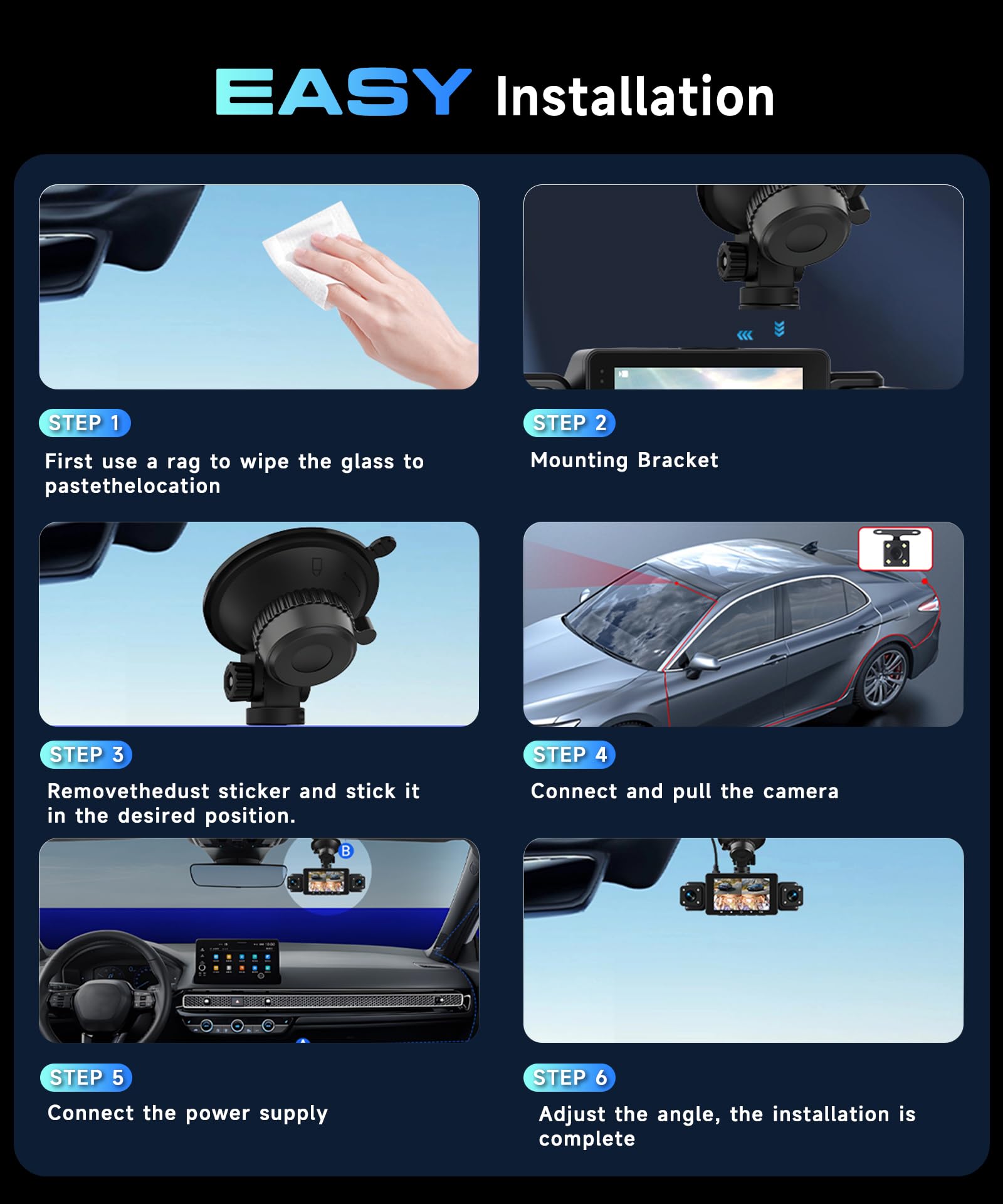 VECHTEL 2K Dashcam per auto anteriore e posteriore con WiFi, 4* Dash Cam 480P Telecamera per auto con schermo IPS da 3 pollici,visione notturna,sensore G,protezione a 360 gradi,con 64 GB
