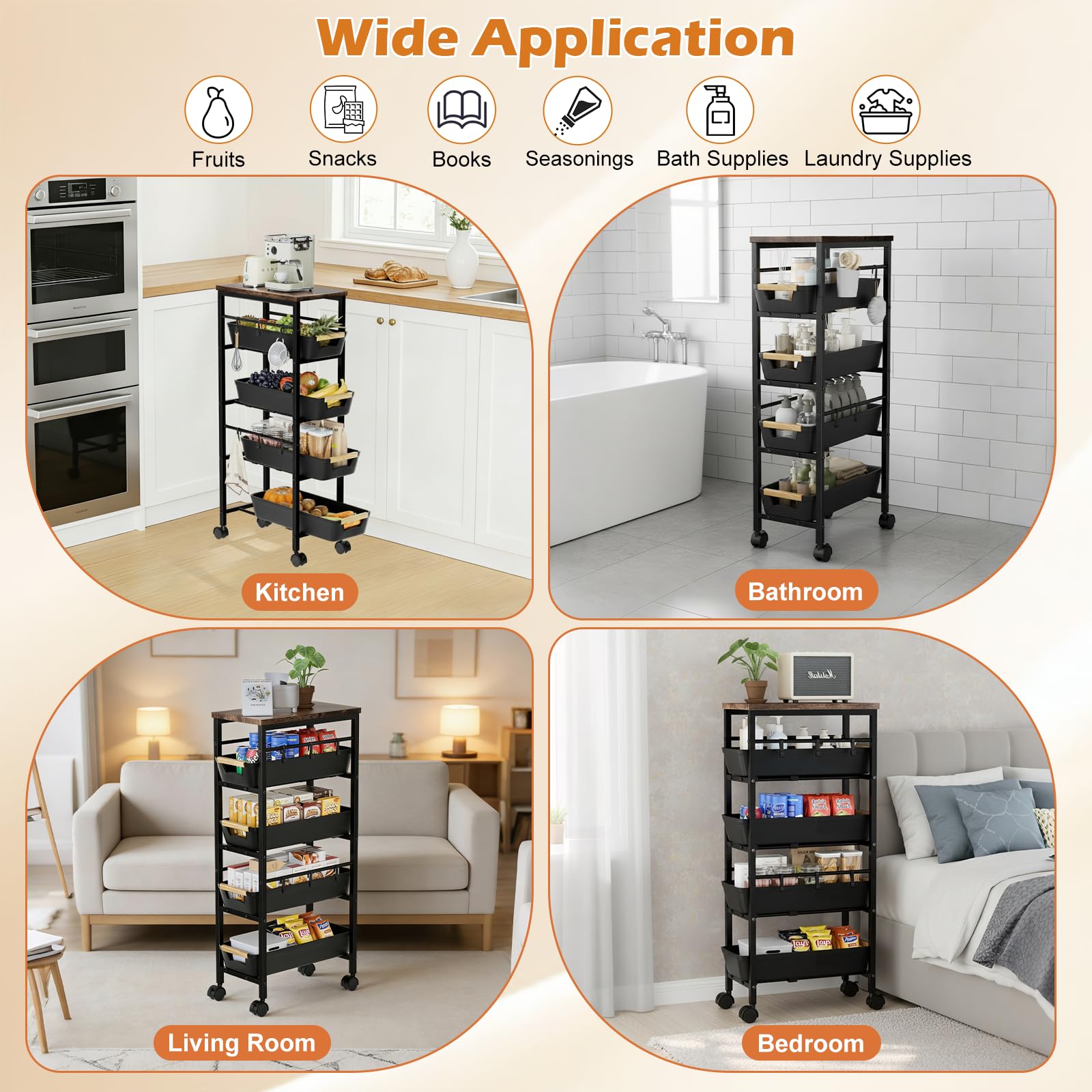 Carrito Cocina con Ruedas, Carrito Cocina con Cestas Retráctiles con 5 Cajones, Verdulero Cocina con 6 Ganchos y Mecanismo de Frenado, Adecuado para Cocina, Baño